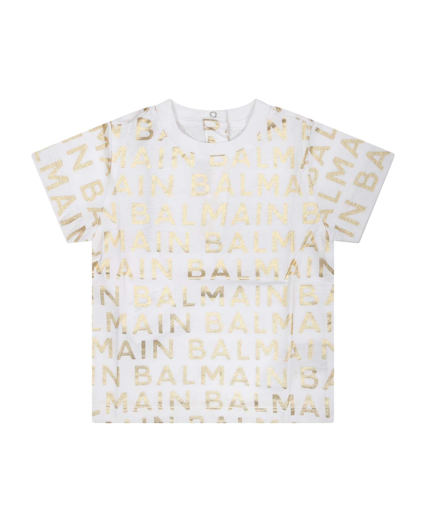 Balmain White T-shirt For Babies With All-over Gold Logo - White