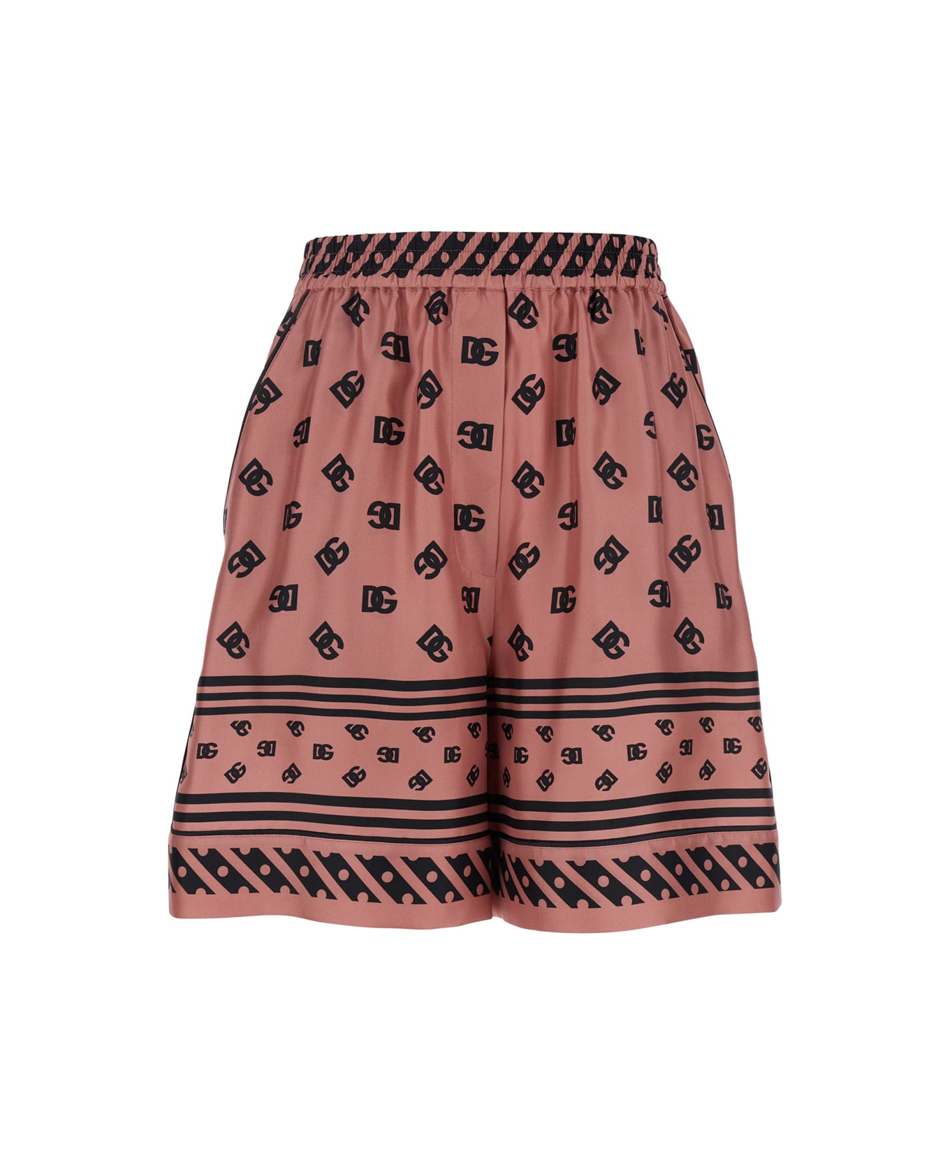 Dolce & Gabbana Pink Bermuda Shorts With Dg Logo Printed All-over In Silk Woman - Pink