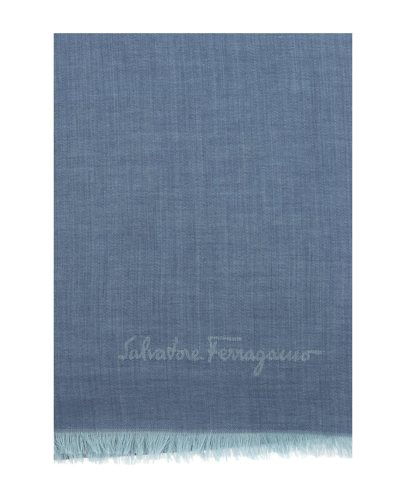 Ferragamo Gancini-printed Fringed Edge Scarf - Blue