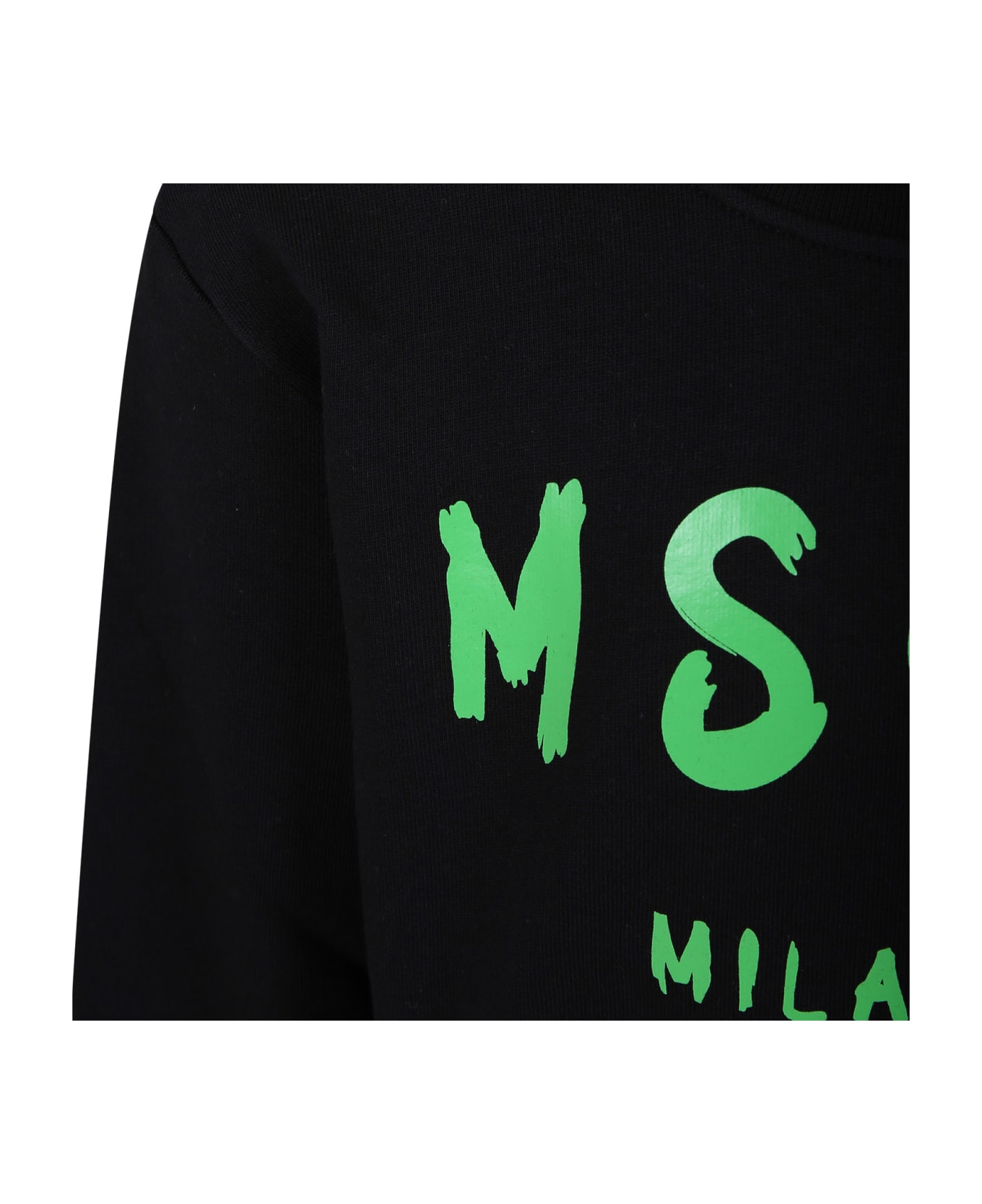 MSGM Black Sweatshirt For Kids With Green Logo - Black