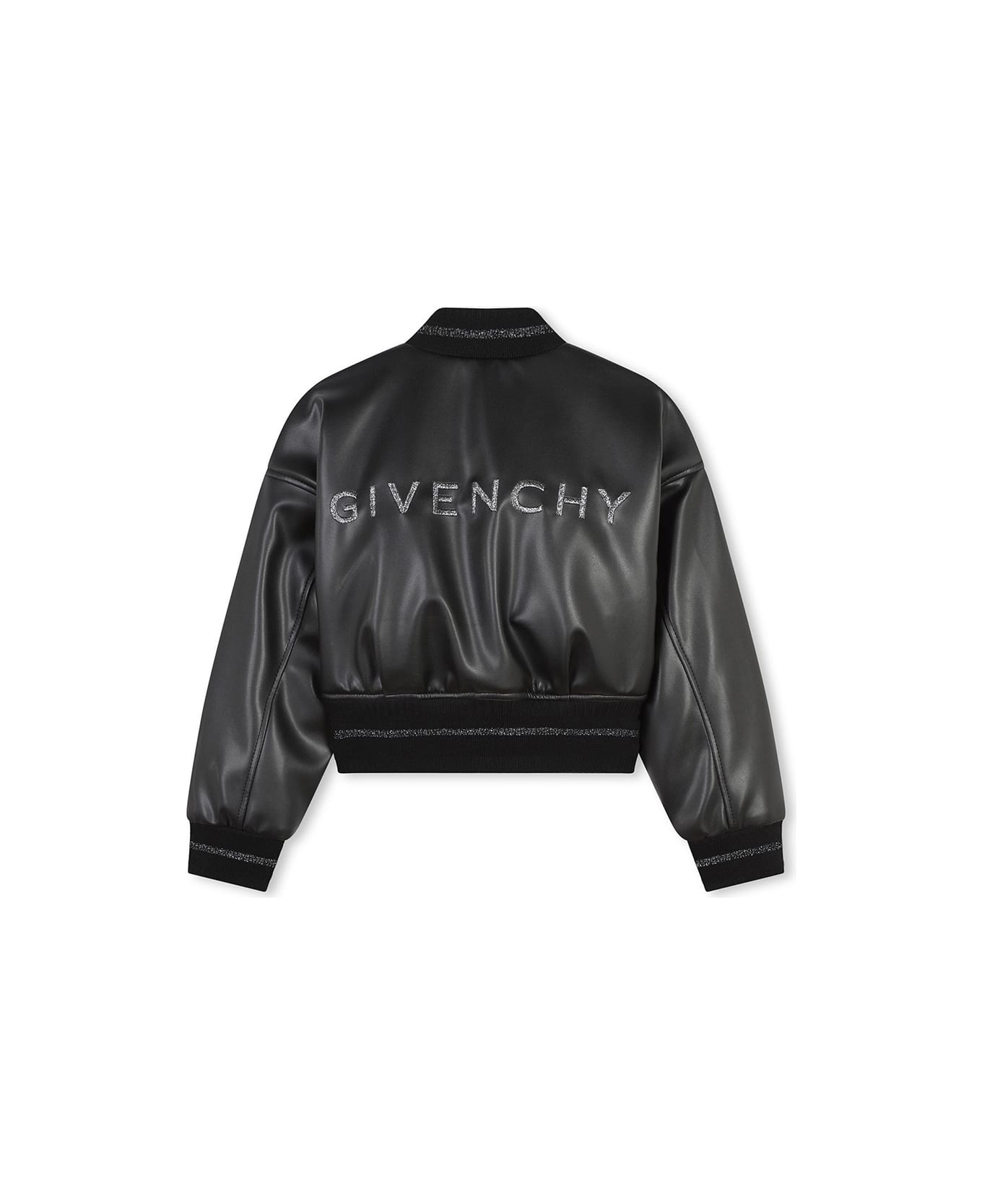 Givenchy Faux Leather Bomber Jacket In Black With Lurex Logo - Black