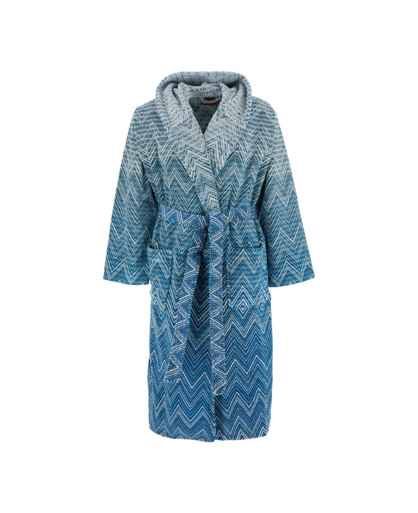 Missoni 
stone
 Blue Bathrobe With Hood And All-over Zigzag Motif In Cotton Home - Blu