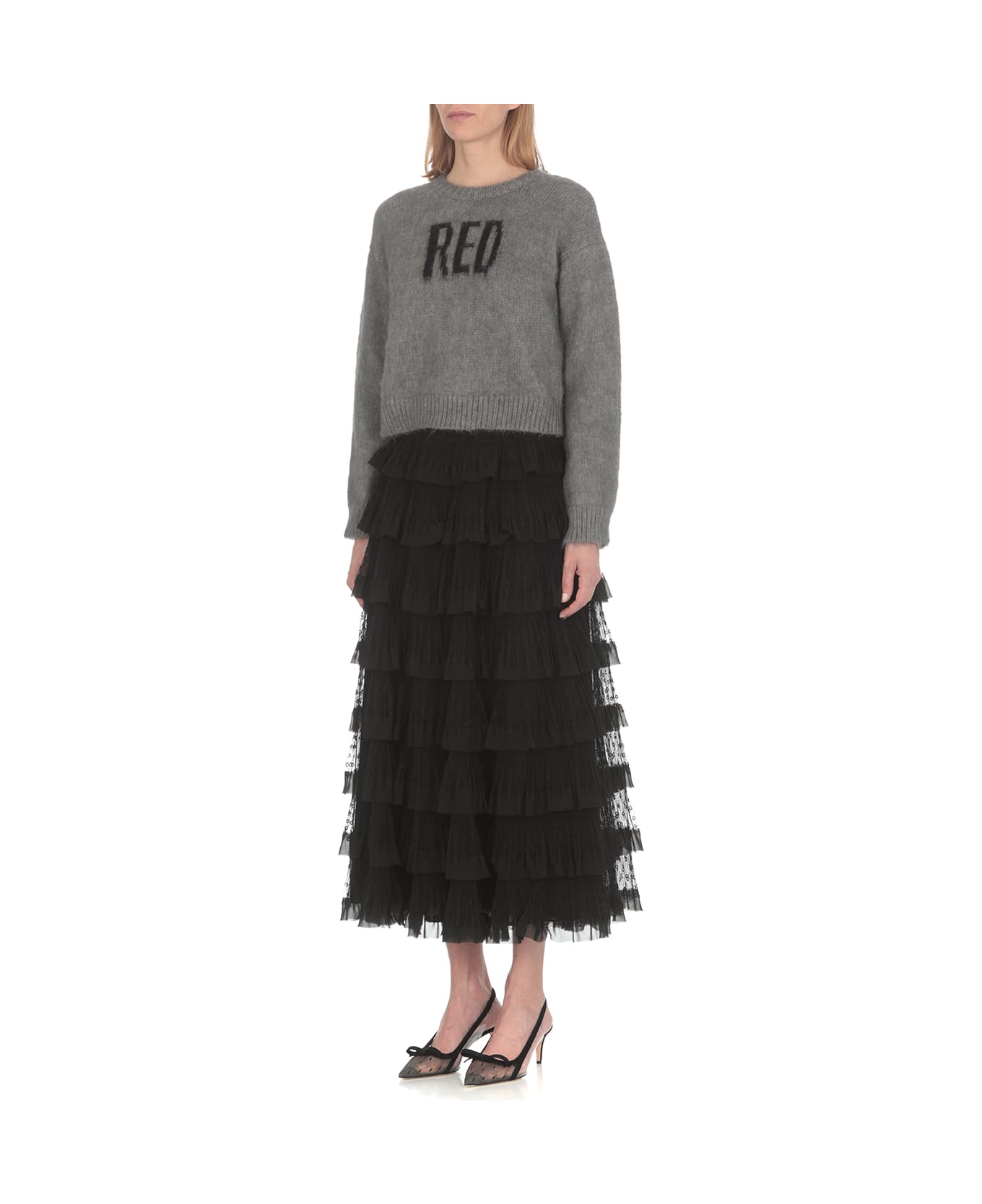 RED Valentino Red Crop Sweater In Grey With Tulle Point D'esprit - Grey フリース
