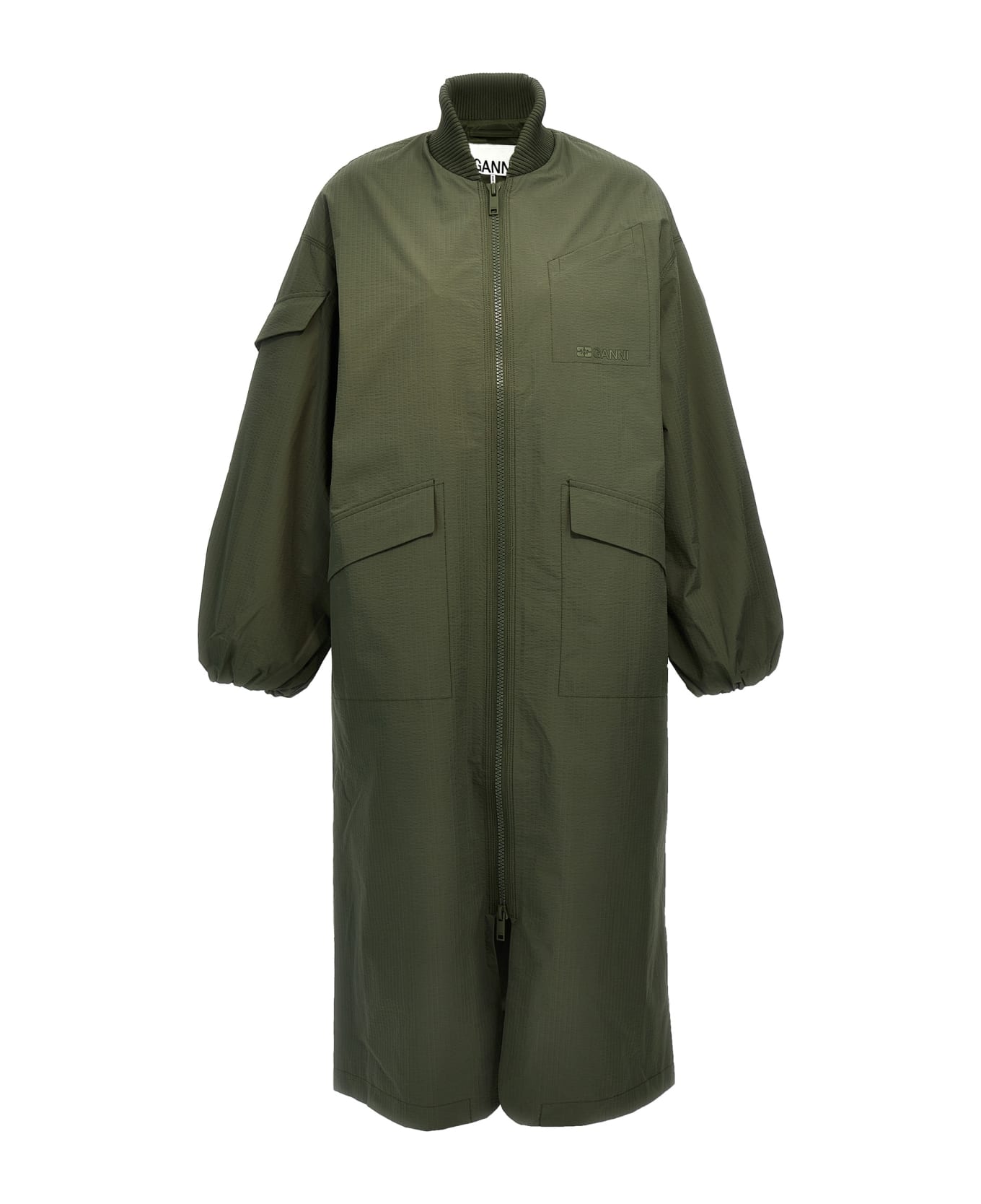 Ganni 'tech Seersucker Shell' Long Jacket - Green