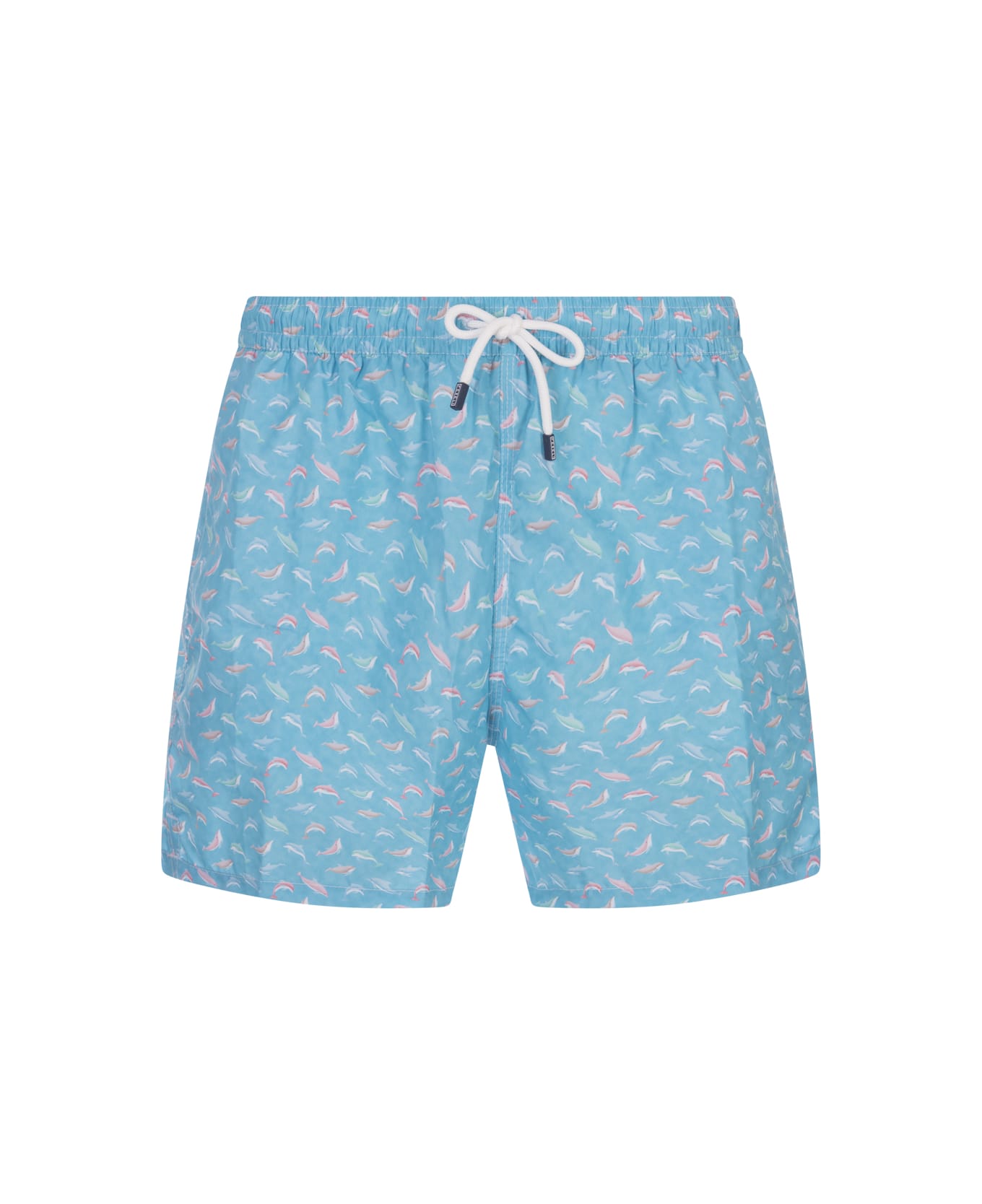 Fedeli Light Blue Swim Shorts With Multicolour Dolphin Pattern - Blue