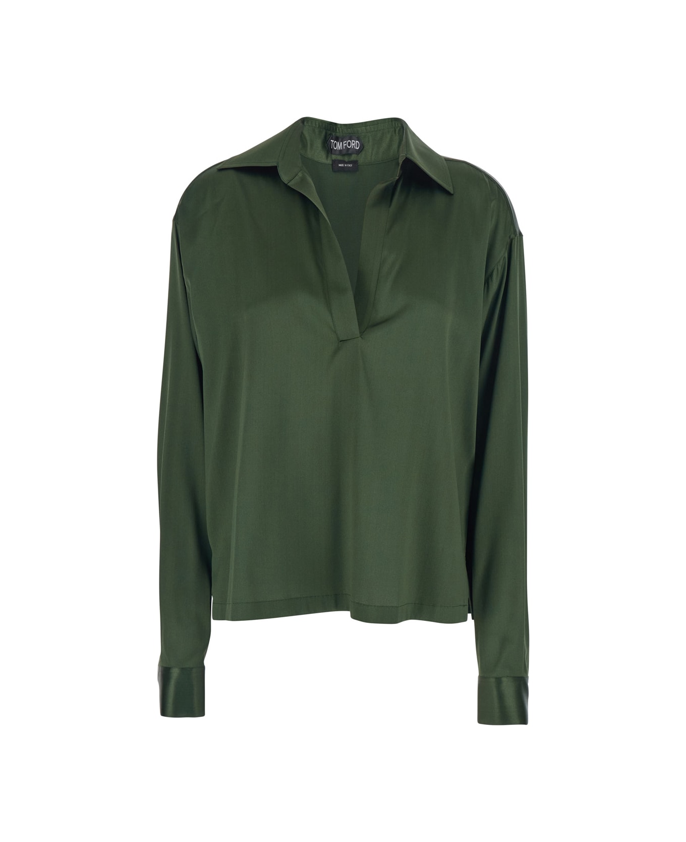 Tom Ford Green Blouse With V Neck And Wide Pointed Collar In Silk Stretch Woman - Green