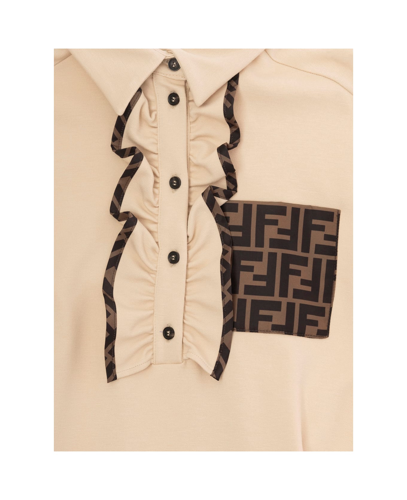 Fendi 'lien' Beige Dress With Classic Collar And Patch Pocket With Ff Logo In Tech Fabric Girl - Beige