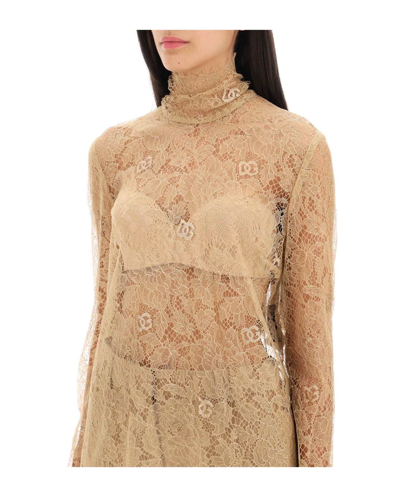 Dolce & Gabbana Blouse In Logoed Floral Lace - Beige