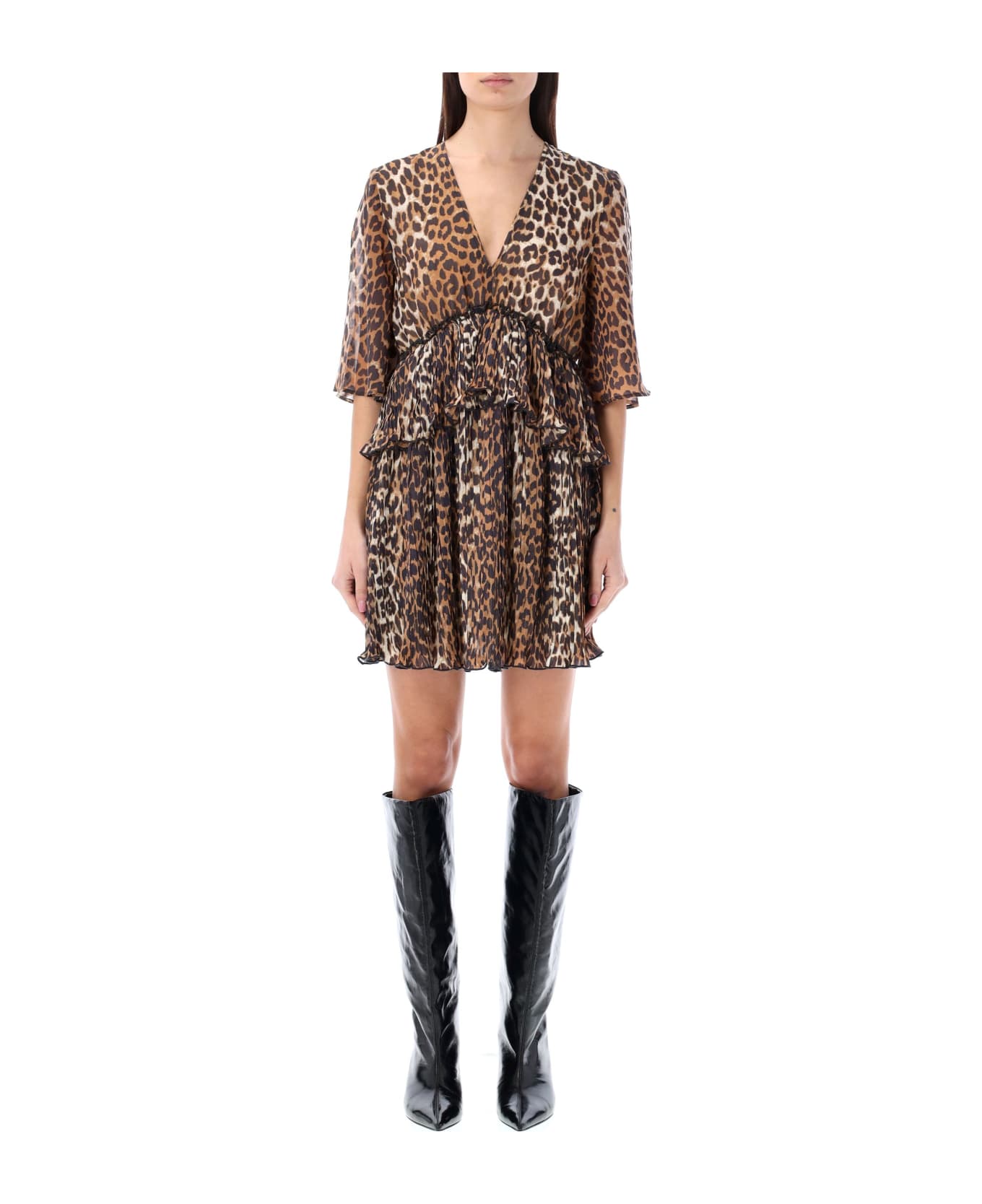 Ganni Leopard Flouce Mini Dress - LEO
