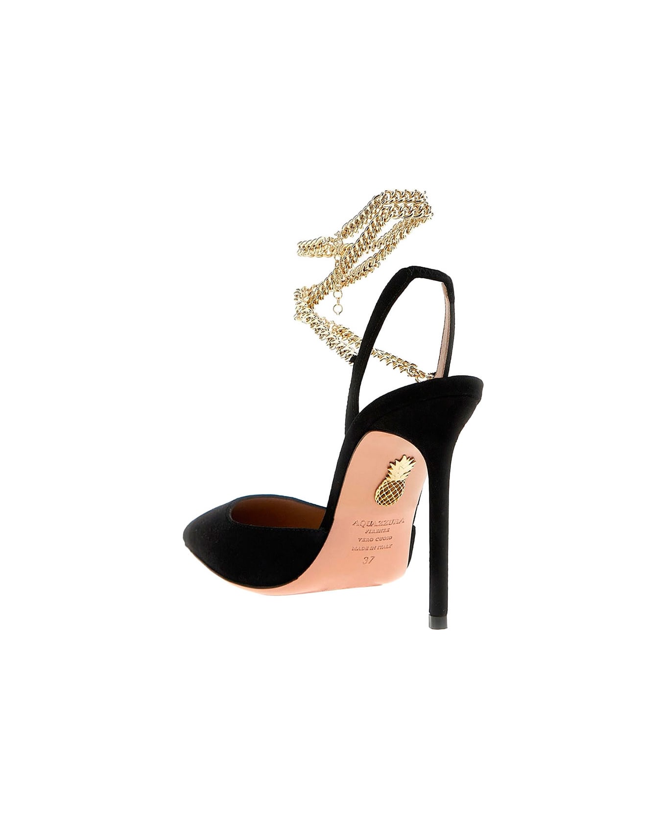 Aquazzura Black Slingback Pumps With Chain Ankle Strap In Leather Woman - Black
