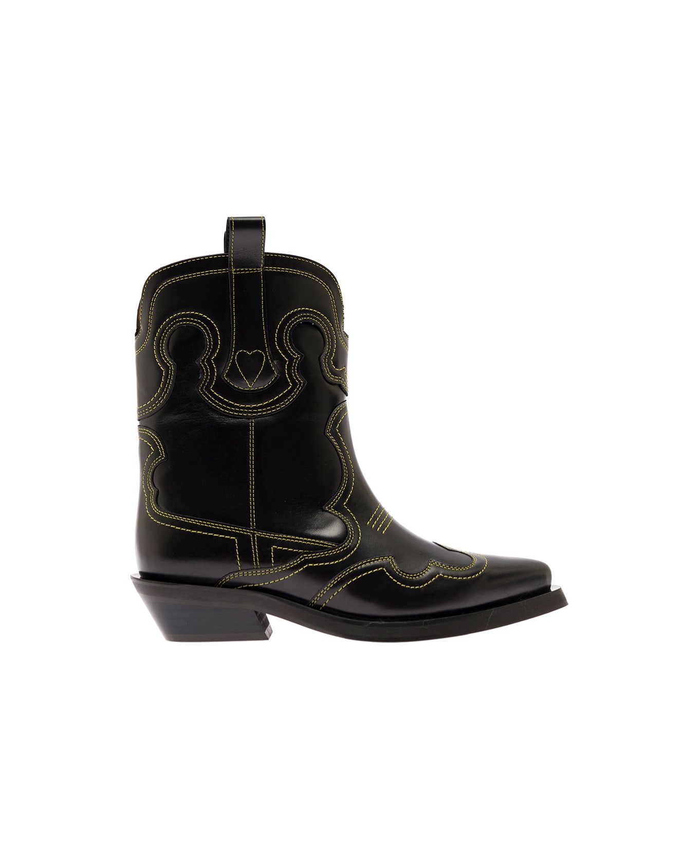 Ganni Low Shaft Embroidered Western Boot - Black ブーツ