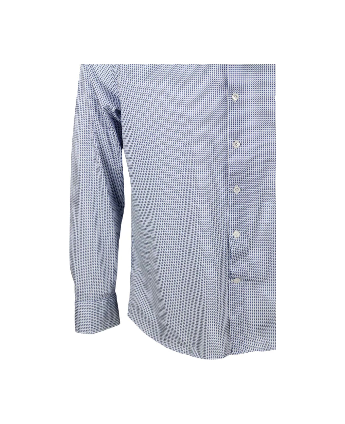 Sonrisa Luxury Shirt In Soft, Precious And Very Fine Stretch Cotton Flower With French Collar In A Small Blue Geometric Micro-pattern Print - White