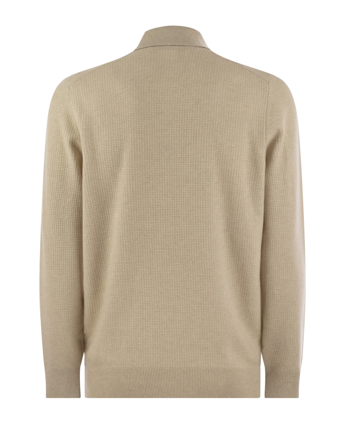 Brunello Cucinelli Waffle Stitch Cashmere Knit Polo Shirt With Long Sleeve - Sand