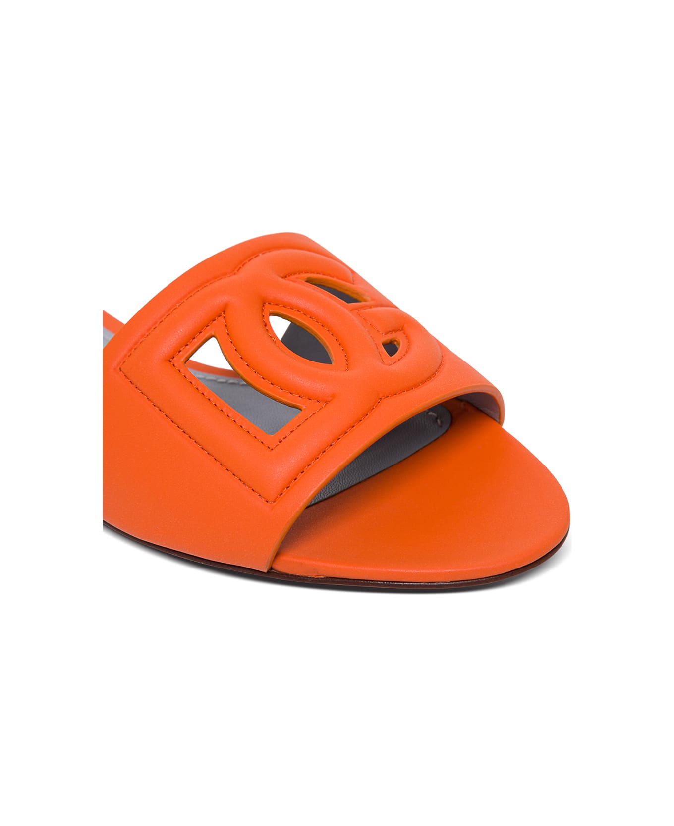 Dolce & Gabbana Slide Sandals In Orange Leather With Logo - Orange サンダル