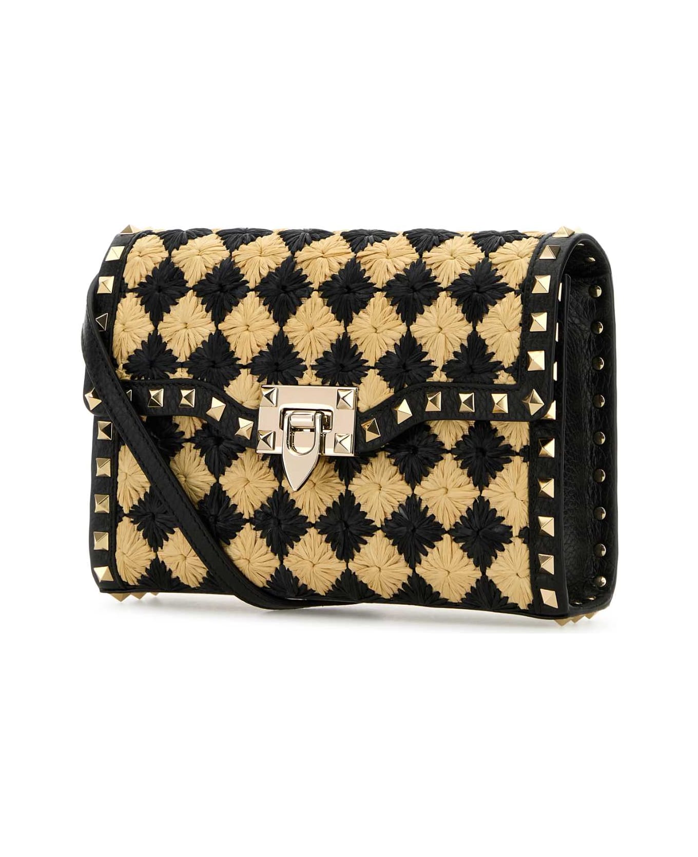 Valentino Garavani Two-tone Raffia Rockstud Crossbody Bag - NATURALENERO
