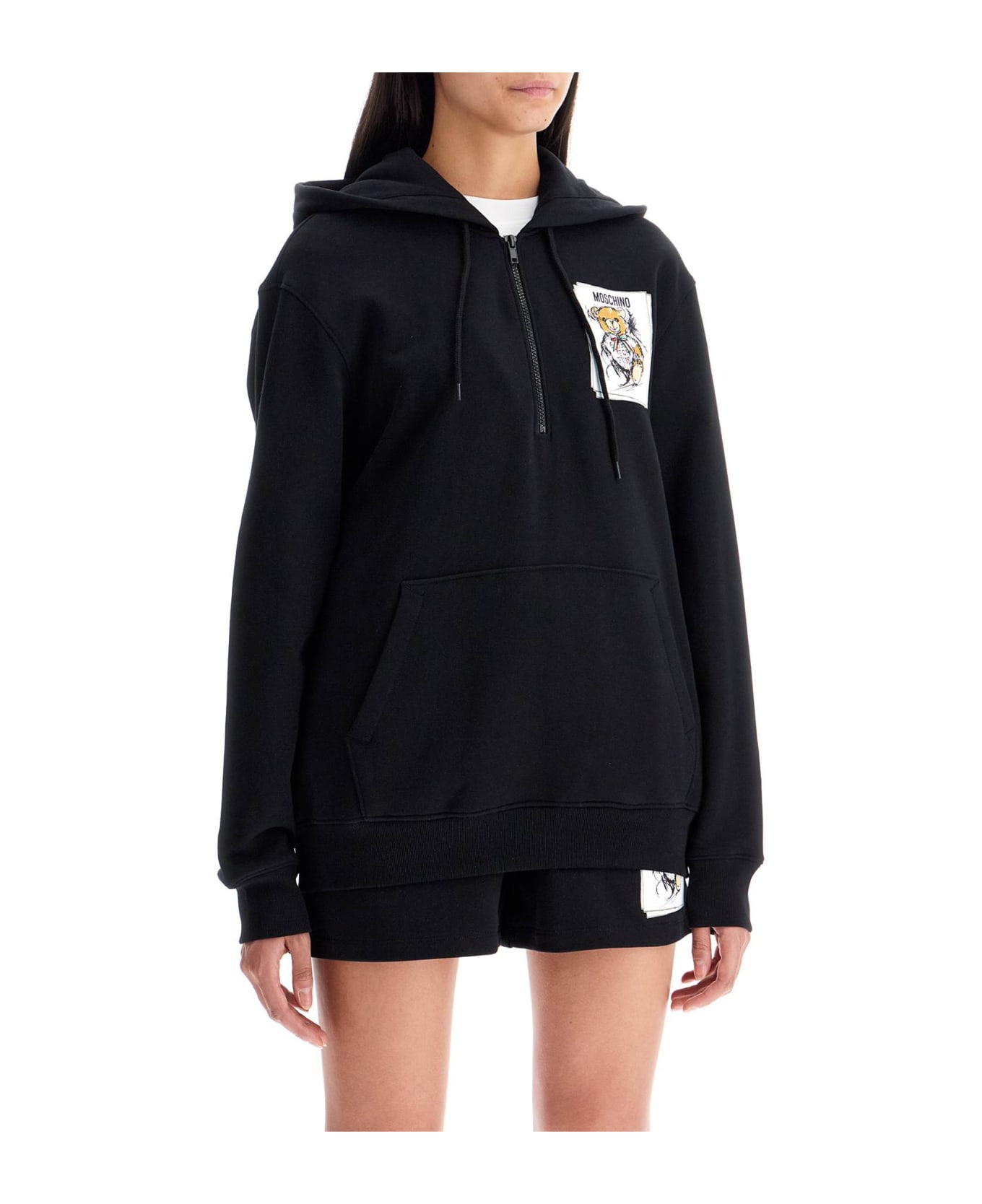Moschino Logo Printed Zipped Hoodie - MULTI BLACK (Black)