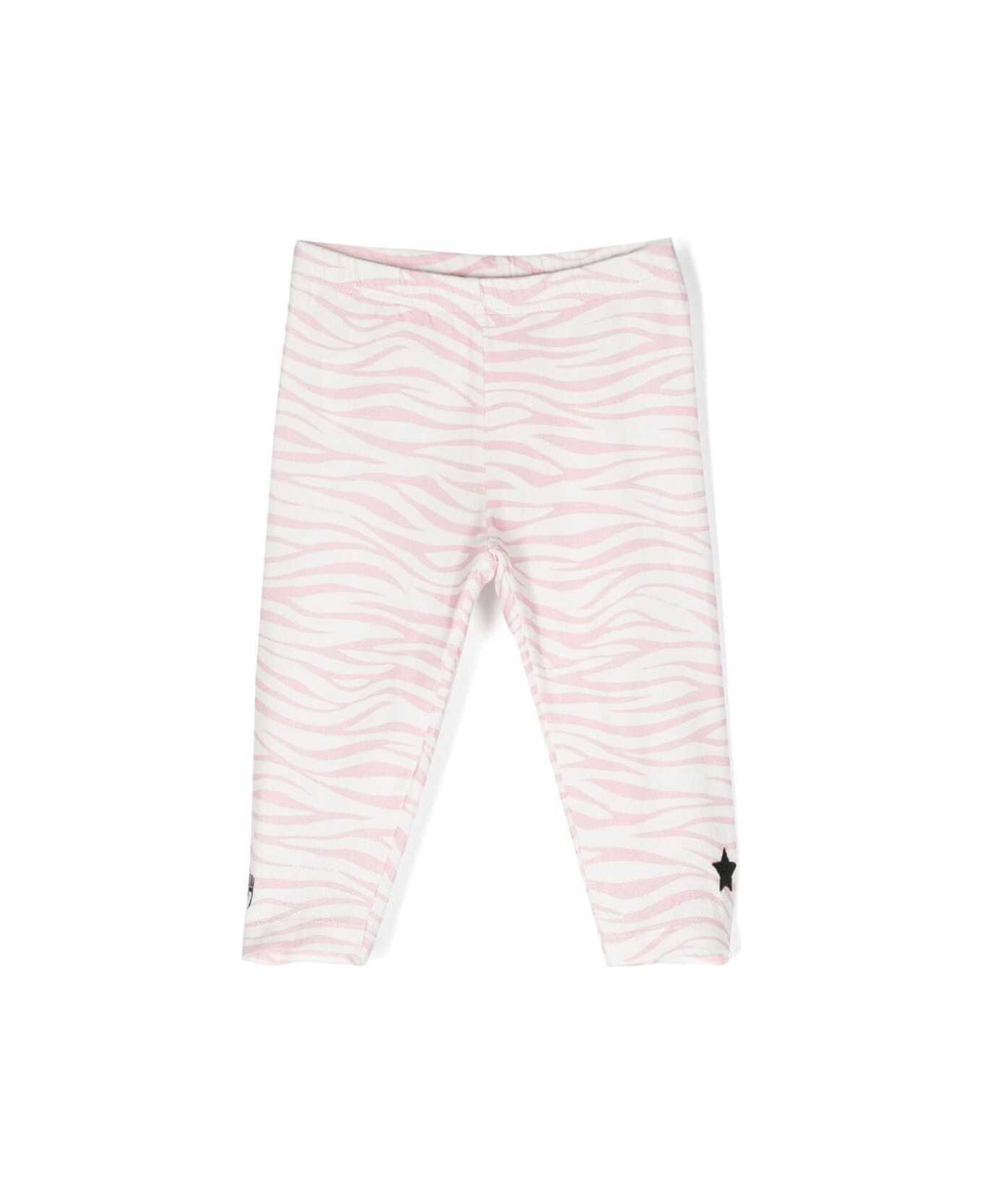 Chiara Ferragni Pink And White Leggings With Zebra And Logo Print In Stretch Cotton Girl - Pink