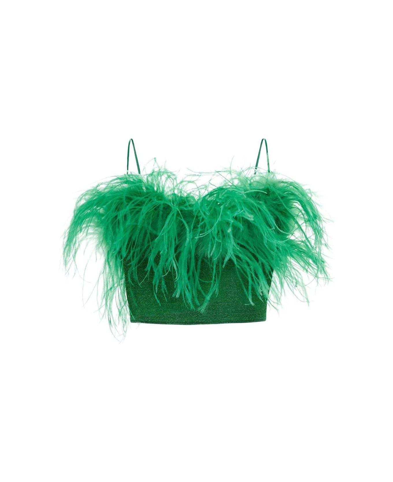Oseree Ostrich-feather Metallic Cropped Top - Emerald Green