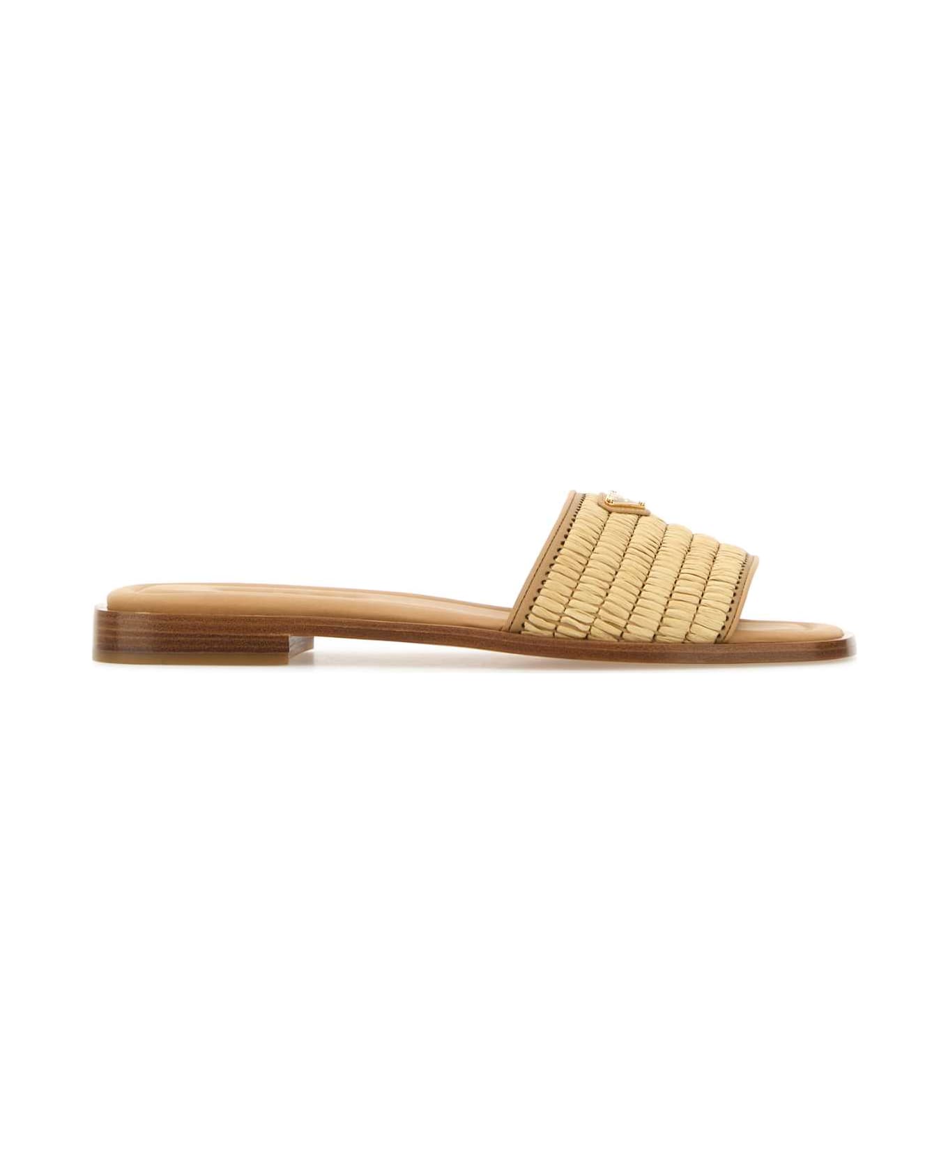 Prada Beige Raffia And Leather Slippers - NATURALE