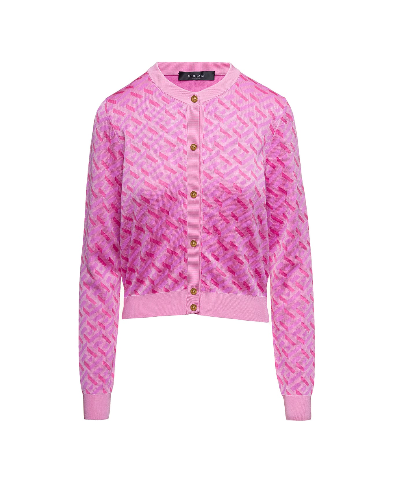 Versace Pink La Greca Monogram Cardigan In Silk Blend Woman - Pink ニットウェア