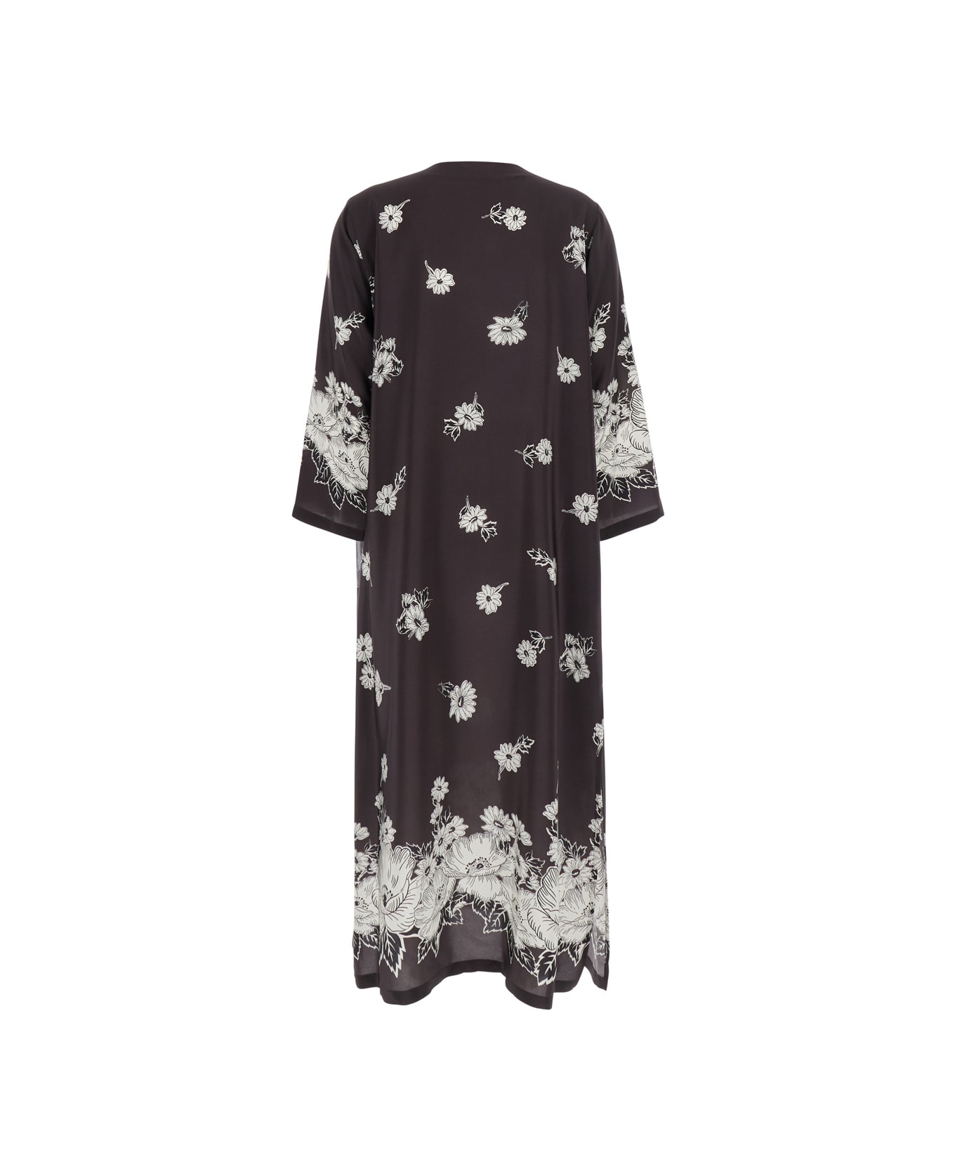 Parosh Black And White Long Dress With V-neck And All-over Floral Printed Pattern In Silk Woman - Brown