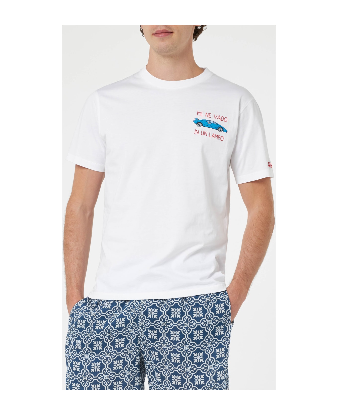 MC2 Saint Barth Man Cotton T-shirt With Me Ne Vado In Un Lambo Embroidery And Car Placed Print - WHITE