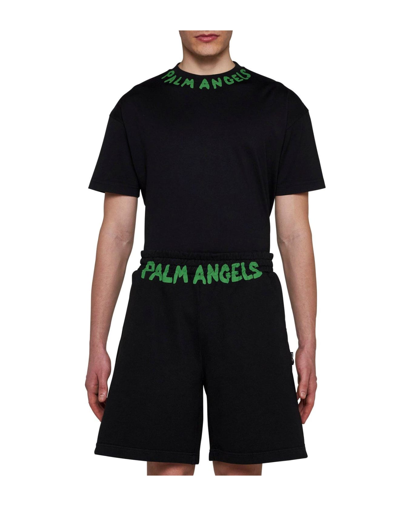 Palm Angels Logo-printed Elasticated Waist Track Shorts - BLACK GREEN FLUO (Black)