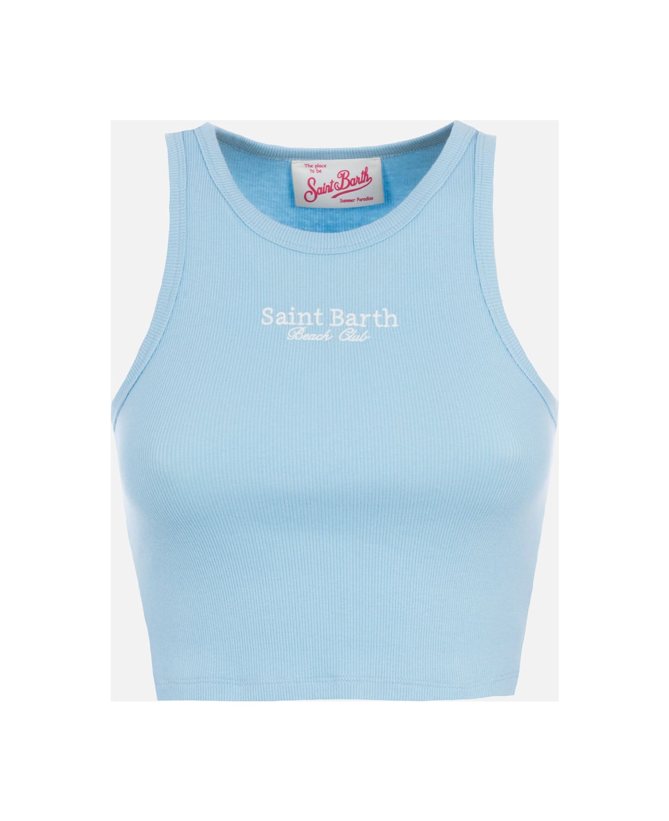 MC2 Saint Barth Woman Rib-knit Cotton Crop Tank With Saint Barth Beach Club Embroidery - SKY