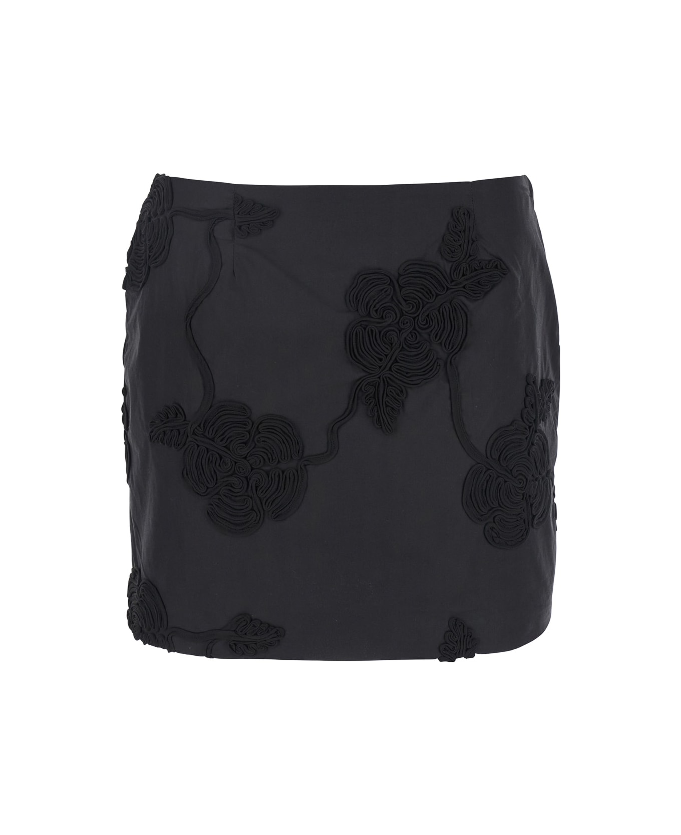 Rotate by Birger Christensen Black Mini Skirt With 3d Floral Details Applied All-over In Cotton Woman - Black