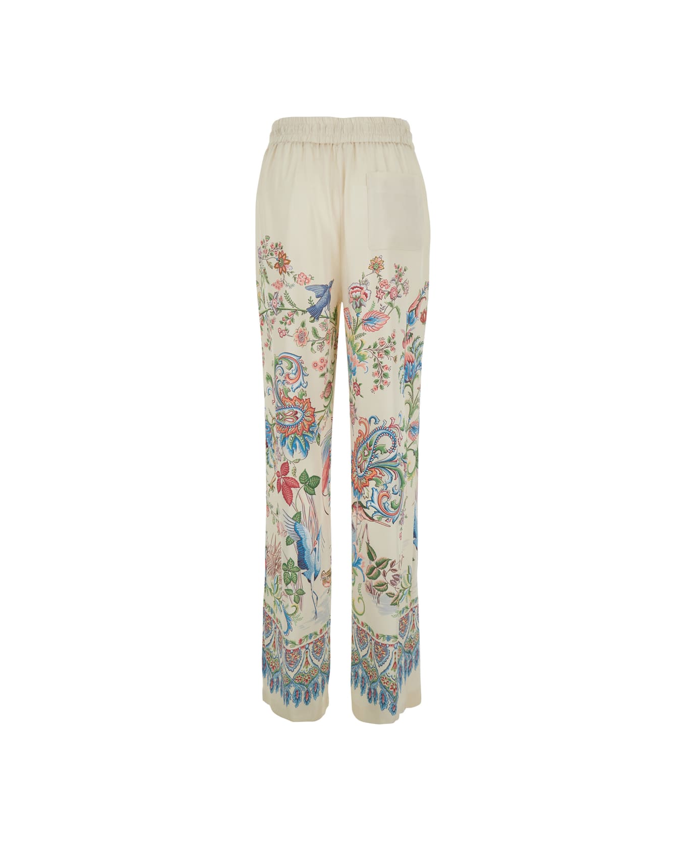 Etro White Pants With Elastic Drawstring Waist And All-over Floral Print In Tech Fabric Woman - White