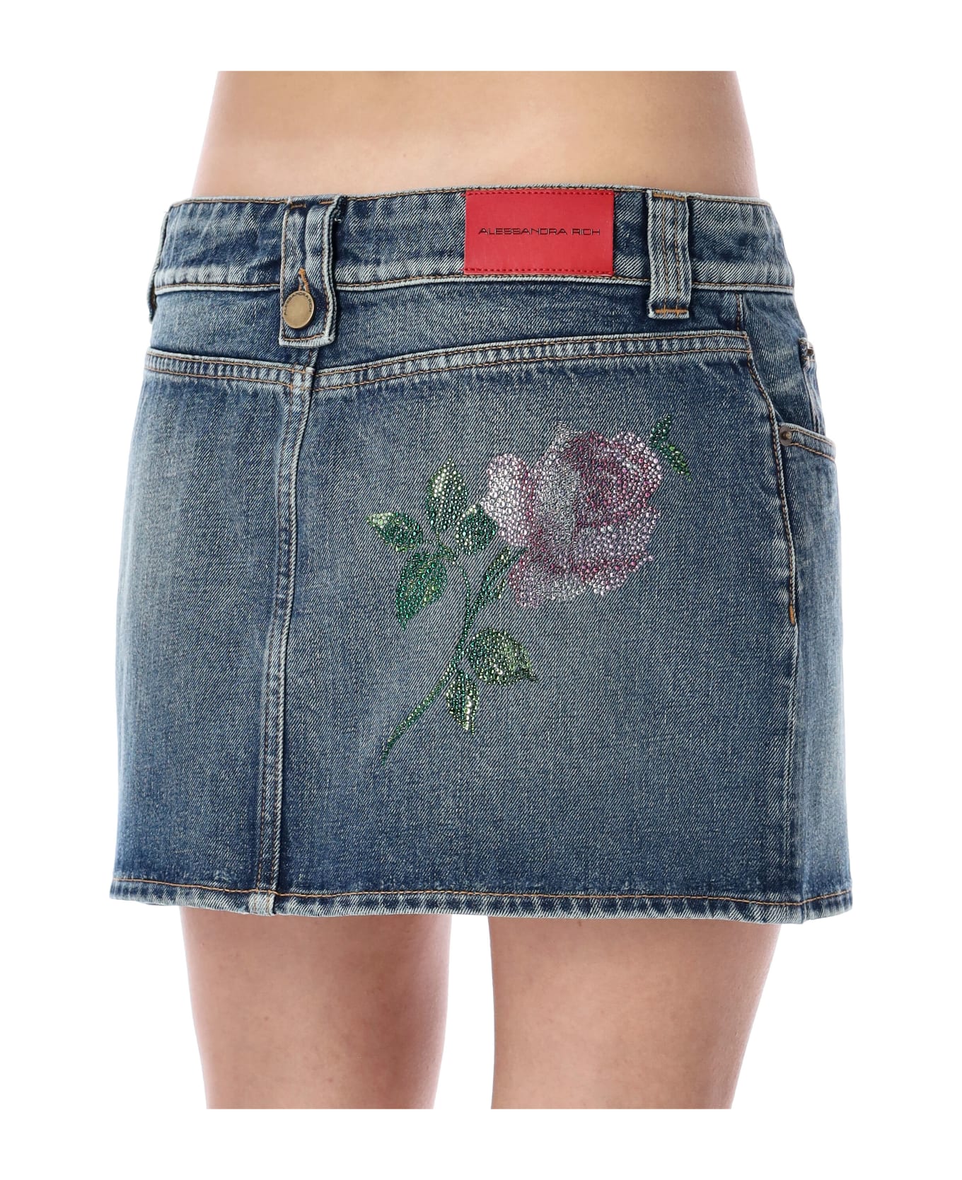 Alessandra Rich Denim Mini Skirt With Crystal Rose - BLUE