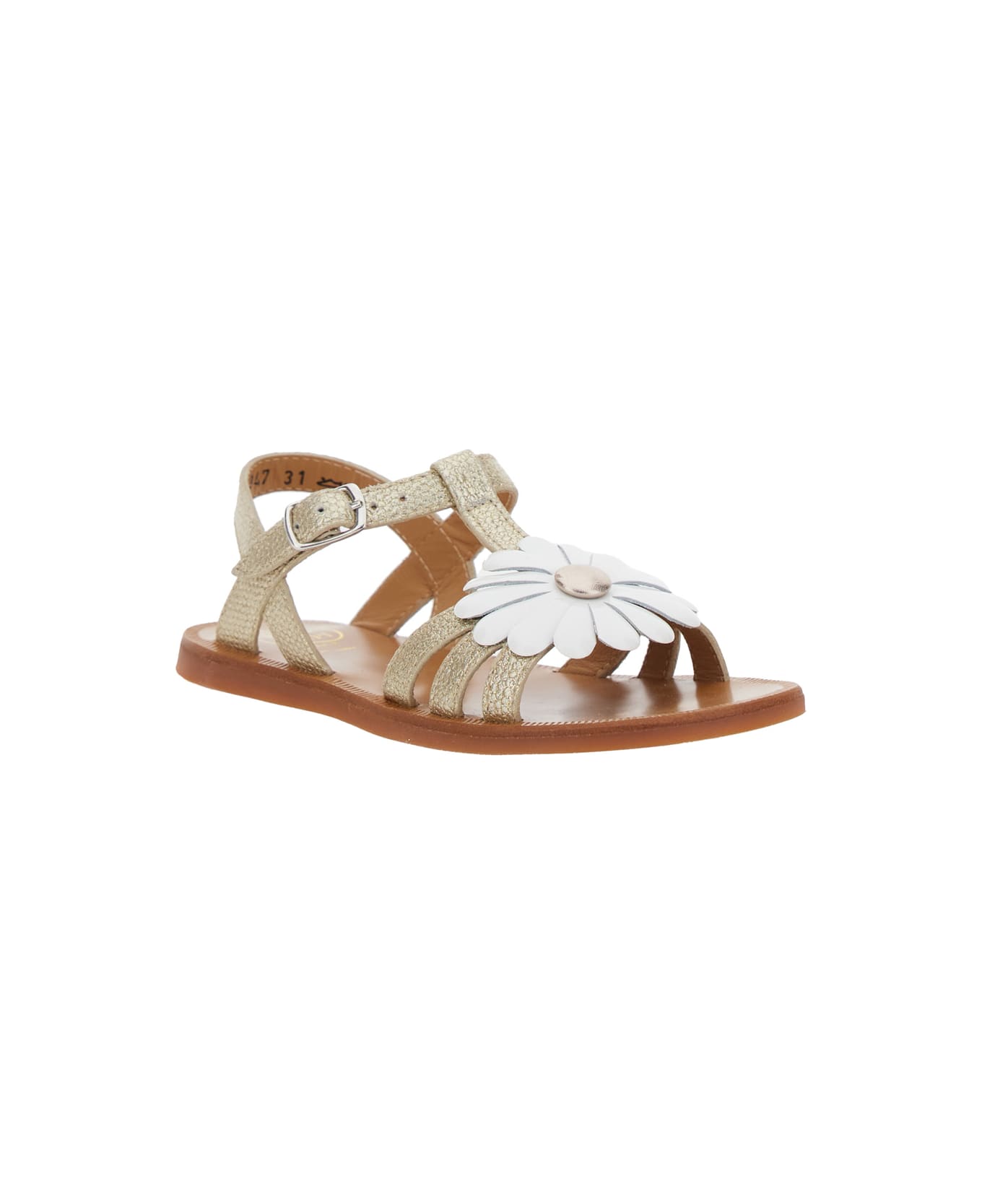 Pom d
Api 
plagette
 Metallic Open Toe Sandals With Daisy Flower Application On Front In Leather Girl - Metallic