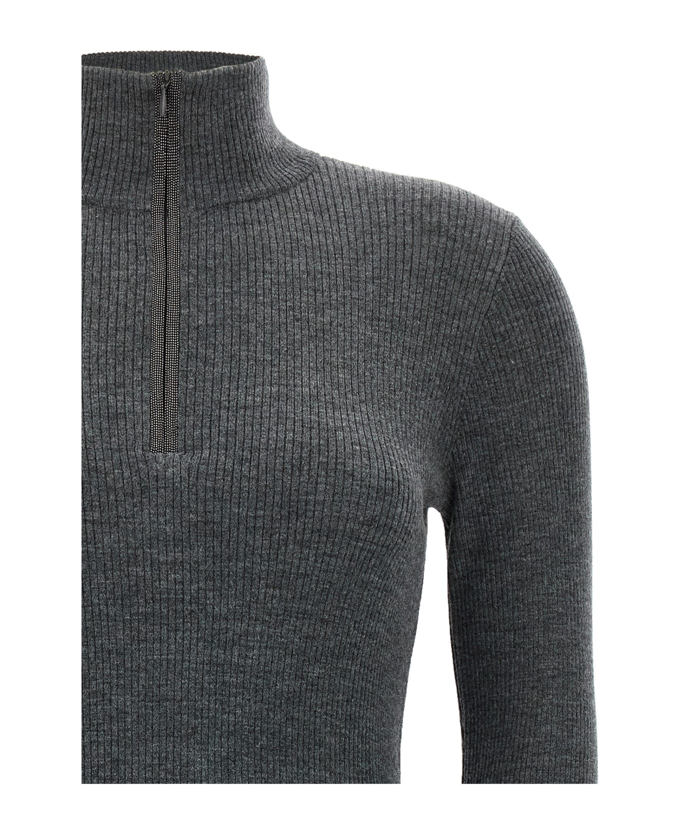 Brunello Cucinelli Half Zip Ribbed Sweater - Gray