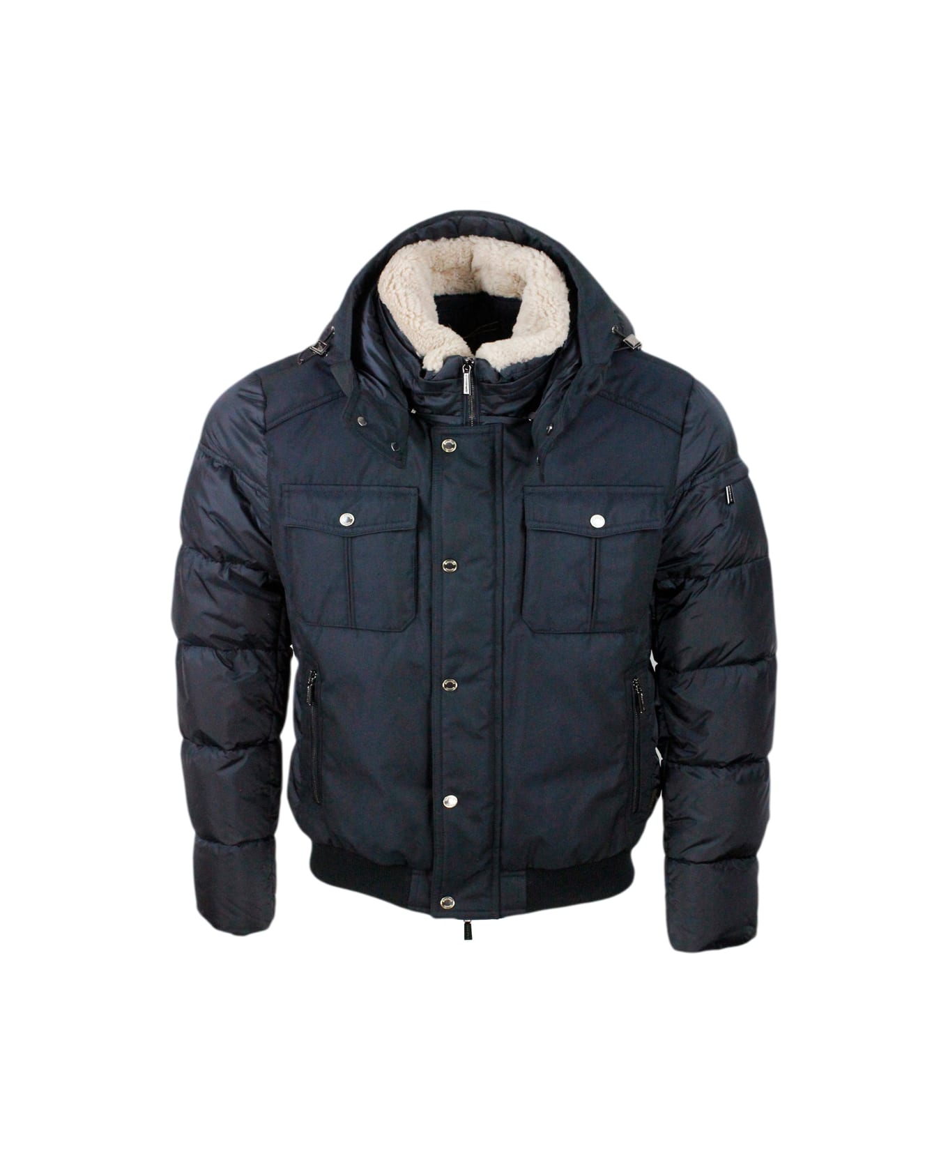Moorer Bomber Jacket Padded With Goose Feathers With Removable Hood And Collar In Curly Sheepskin, Front And Shoulders In Material, Closure With Zip And Butt - Blu