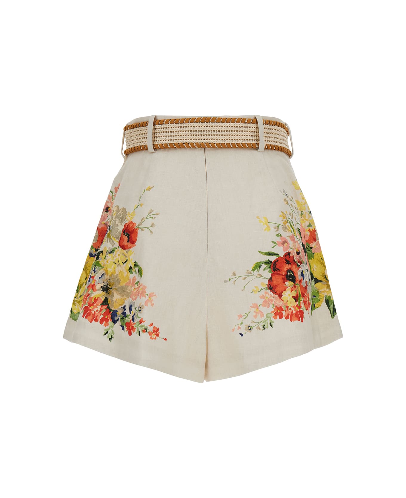 Zimmermann White Shorts With Floreal Print And Belt In Linen Woman - Multicolor