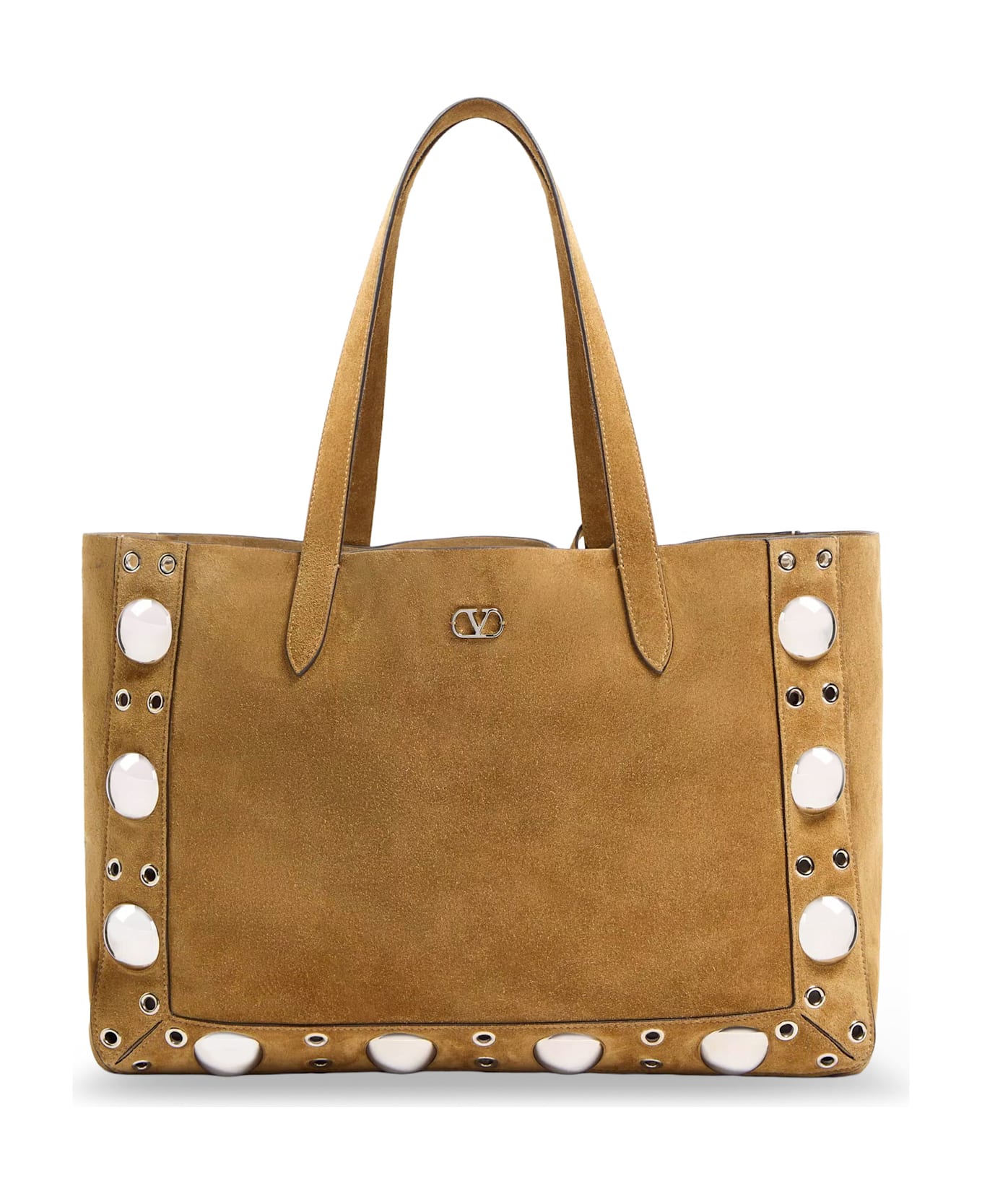 Valentino Garavani Suede Shopping Bag With Metal Logo - HAVANA BEIGE
