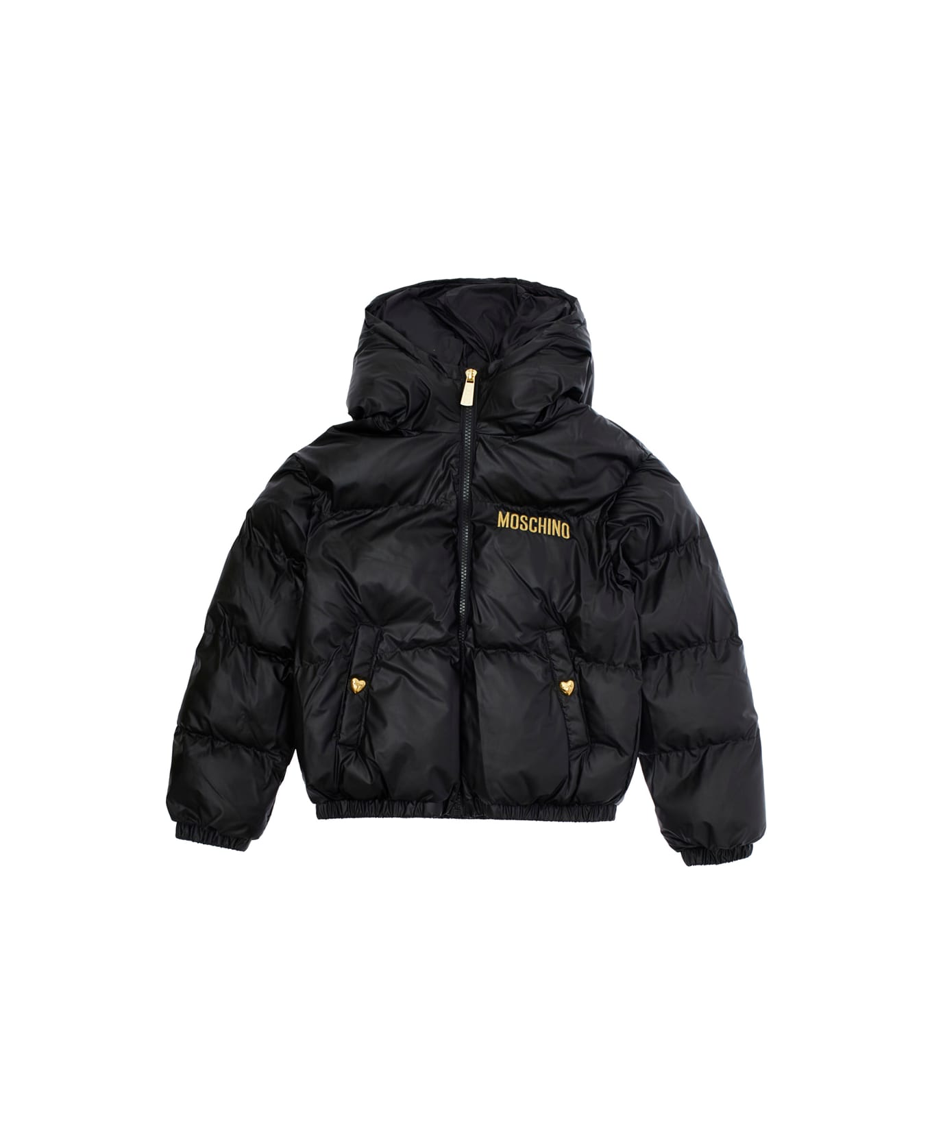 Moschino Black Hooded Down Jacket With Logo Embroidery In Quilted Fabric Girl - Black