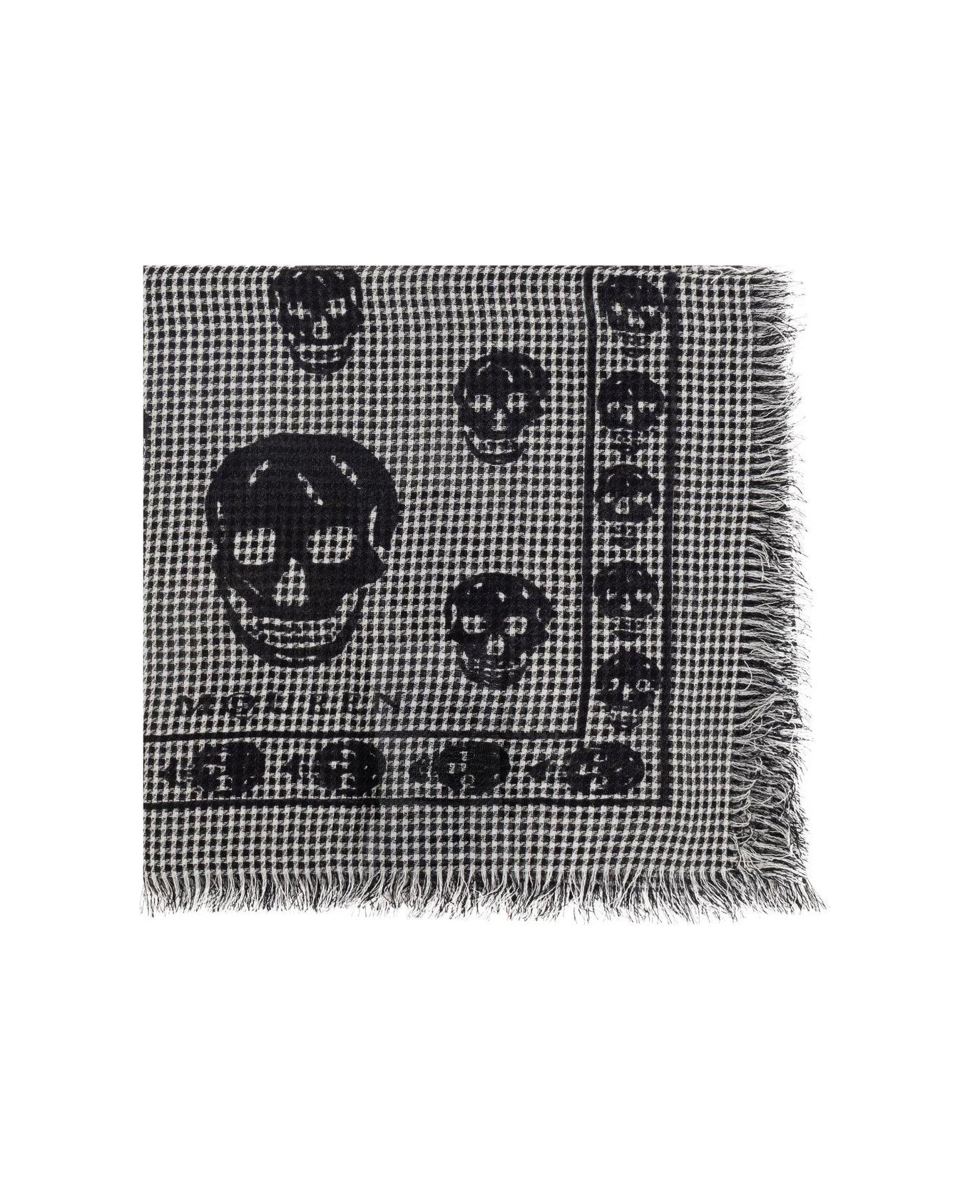 Alexander McQueen Houndstooth Skull Printed Frayed-edeg Scarf - BLACKIVORY