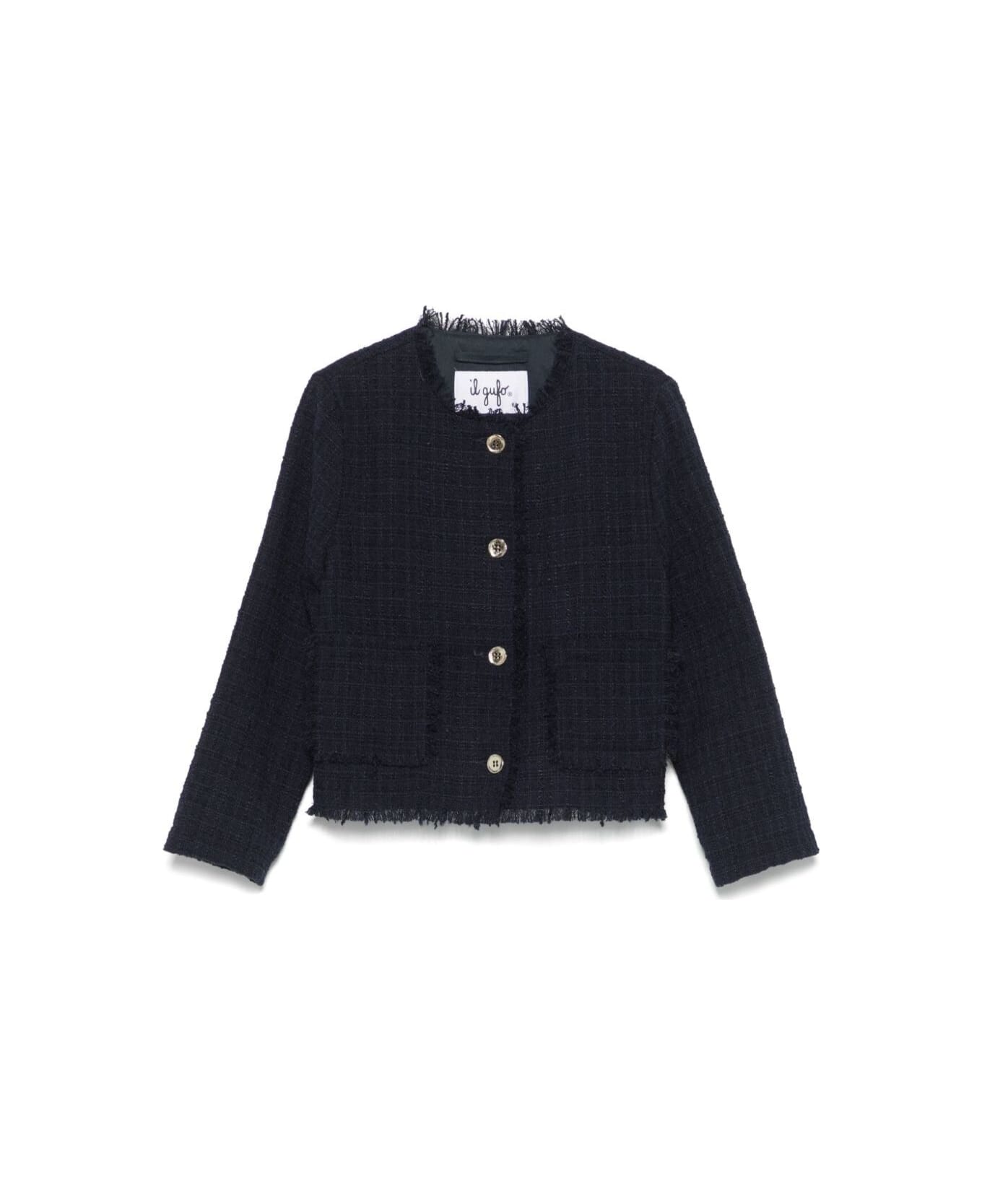 Il Gufo Blue Jacket With Frayed Edges And Round Neck In Cotton Tweed Girl - Blu