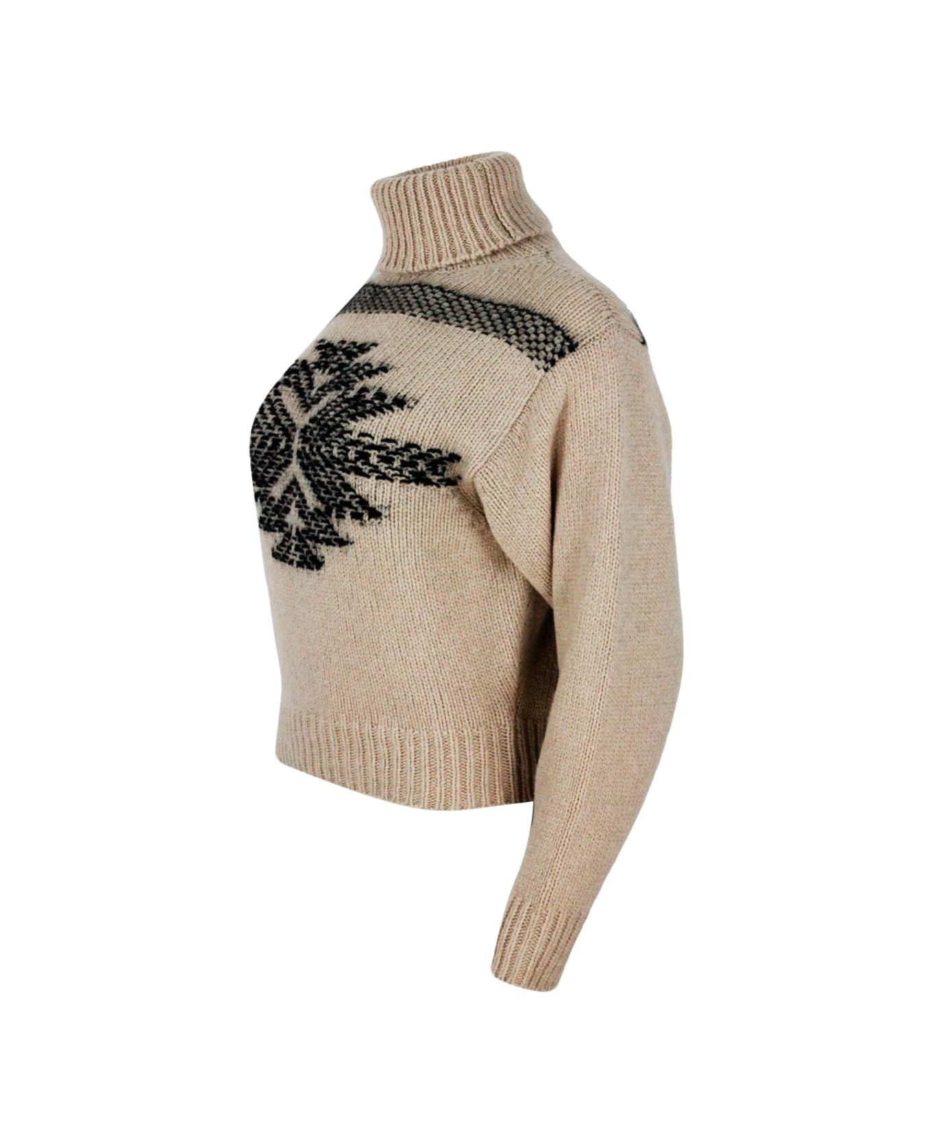 Lorena Antoniazzi Turtleneck Sweater In Fine Camel Yarn With Snow Play Embroidery Embellished With Micro Sequins - Beige