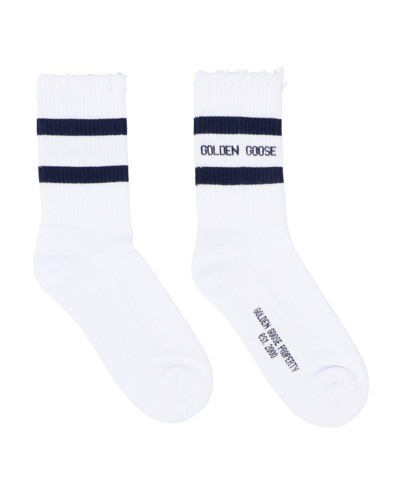 Golden Goose Logo Printed Striped Socks - OLD WHITE/ NAVY AAA