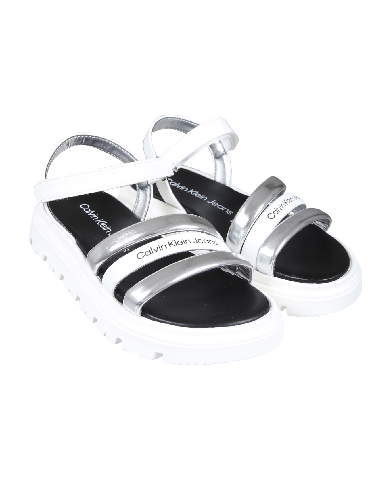 Calvin Klein Silver Sandals For Girl With Logo - Silver