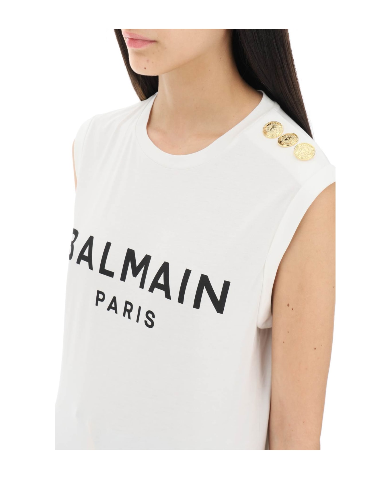 Balmain Button Embellished Sleeveless Logo T-shirt - White