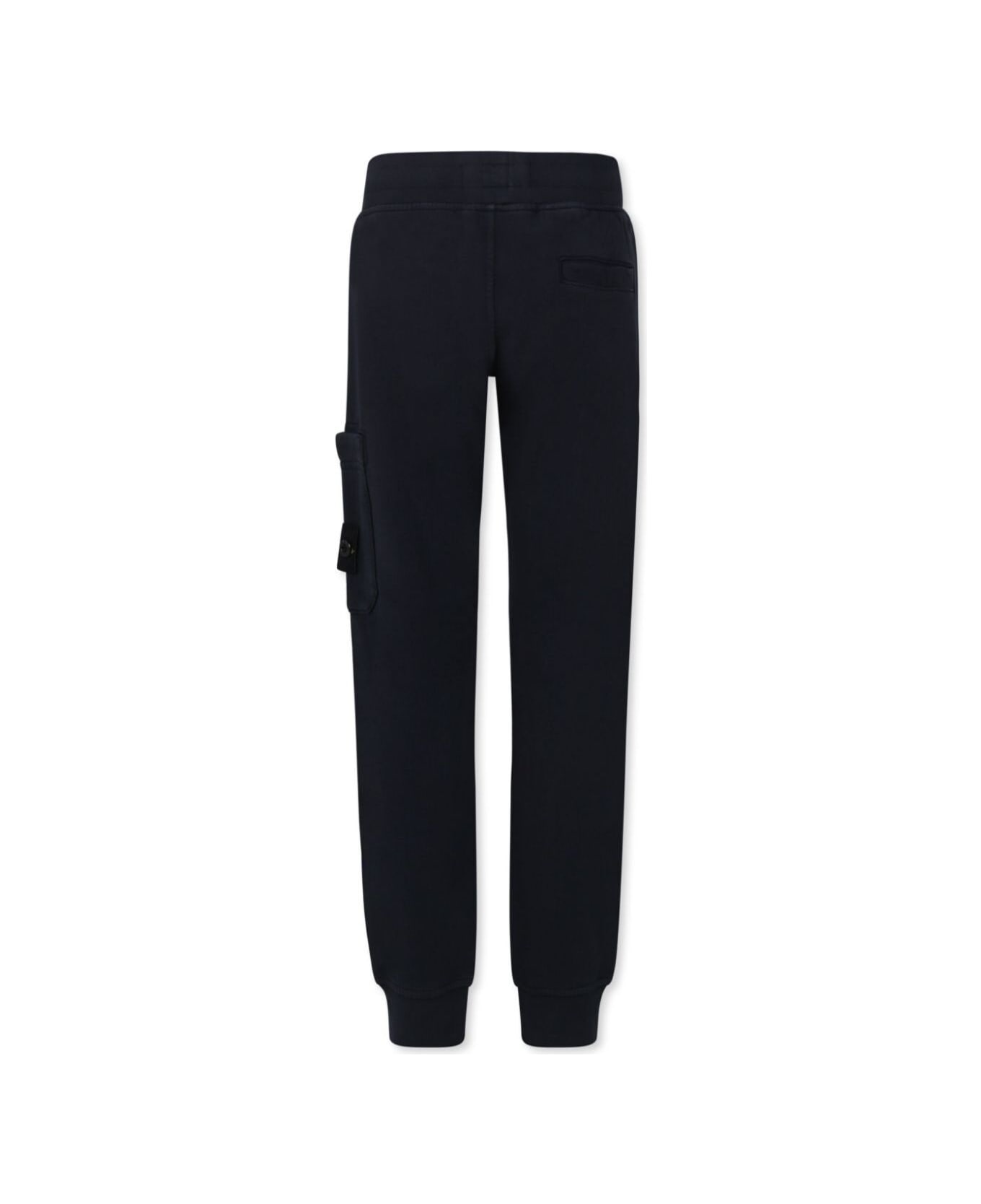 Stone Island Junior Blue Pants With Elastic Pants And Logo Patch On The Pocket In Cotton Boy - Blu
