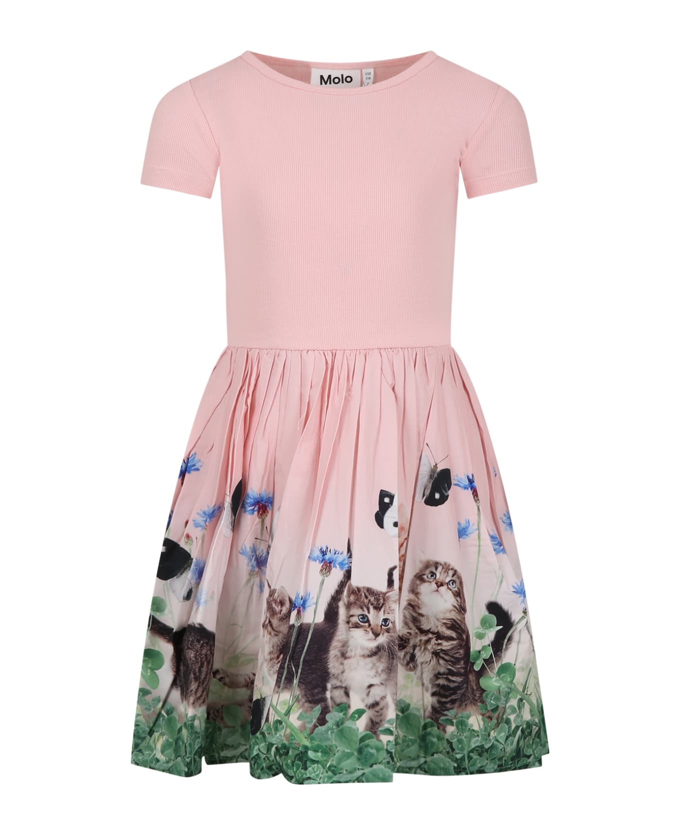 Molo Pink Dress For Girl With Cat Print - Pink ワンピース＆ドレス