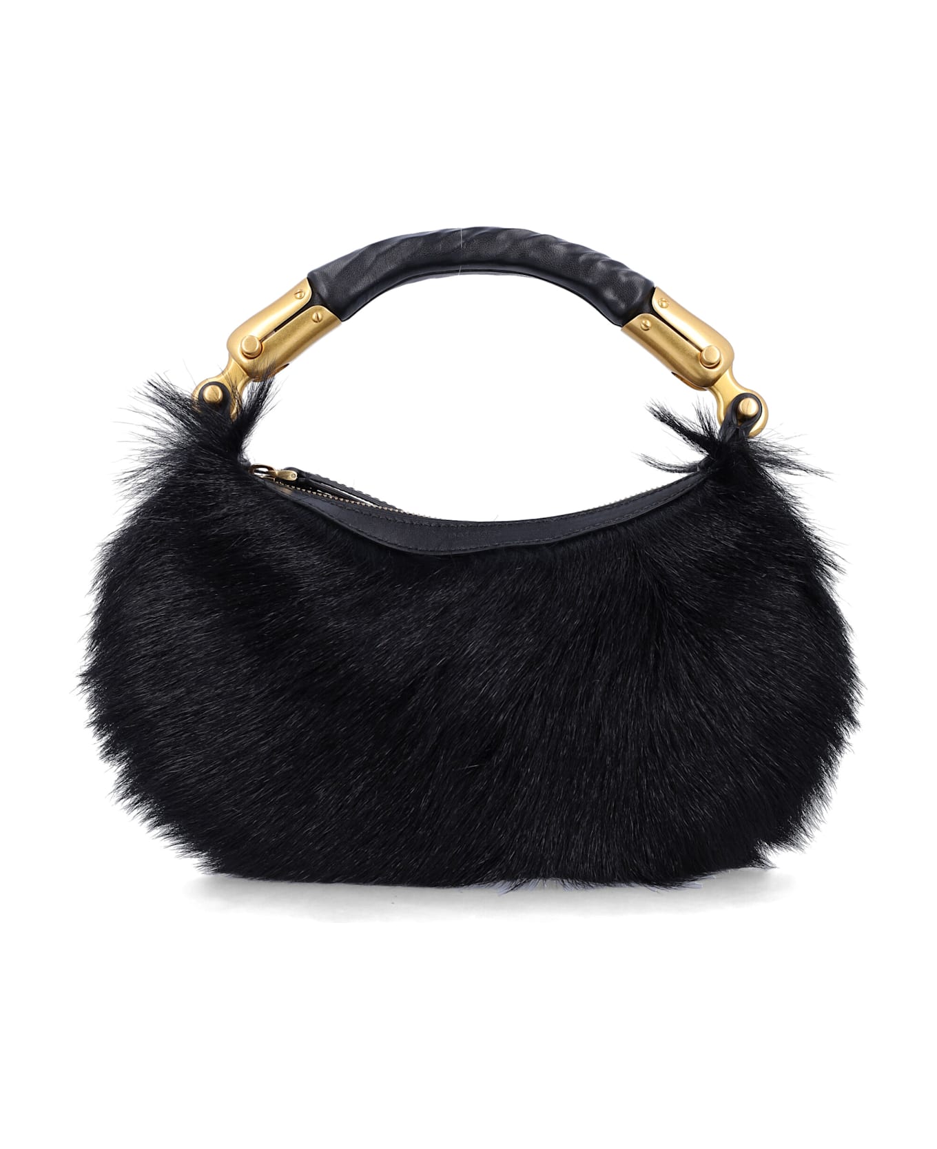 Balmain Genuine Fur Handbag With Leather Handle - BLACK