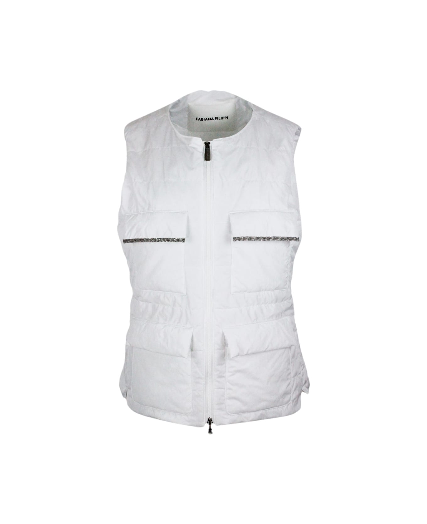 Fabiana Filippi Sleeveless Gilet In Light Padded Nylon With Zip Closure And Front Pockets With Jewels - White