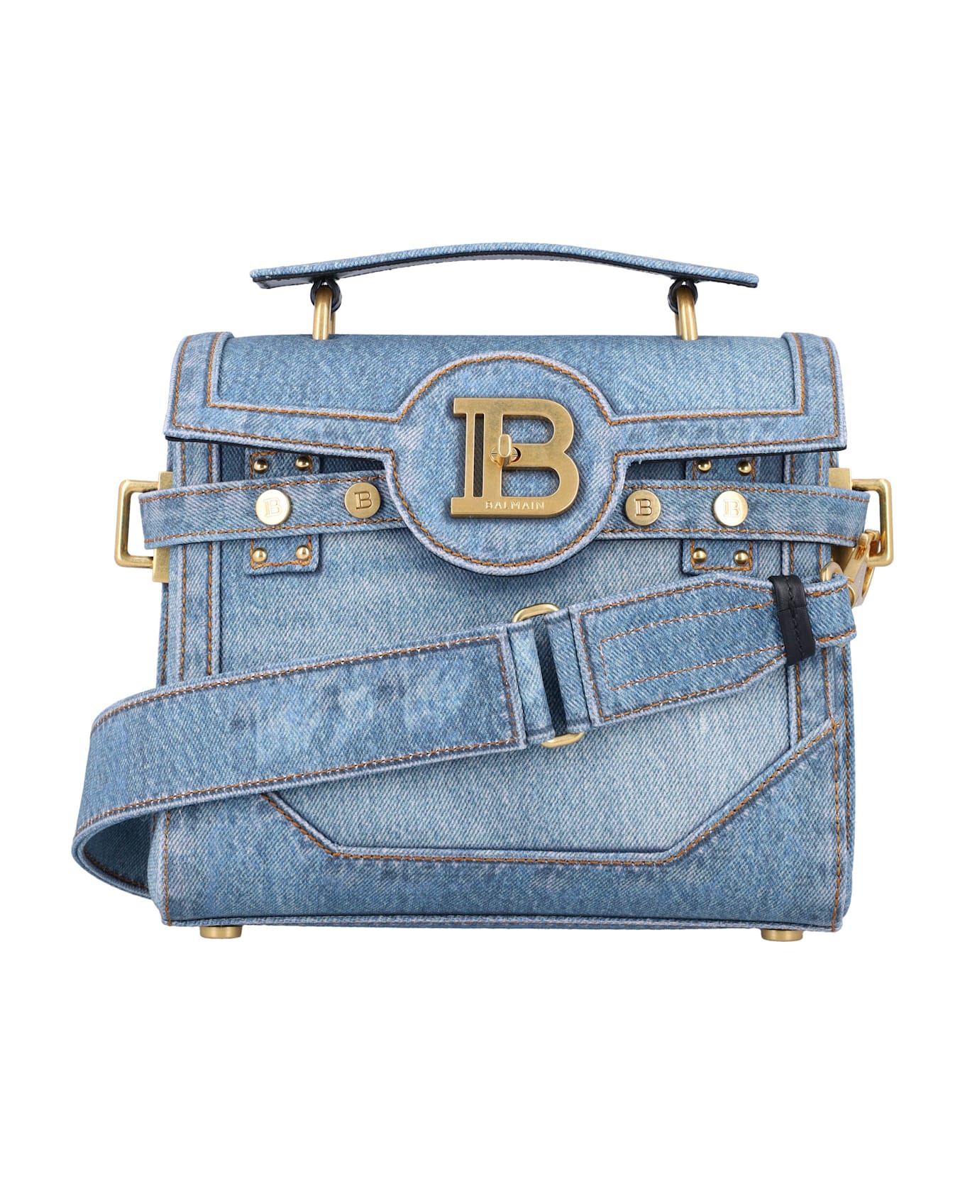 Balmain B-buzz 23 Bag In Denim Print Canvas - BLUE