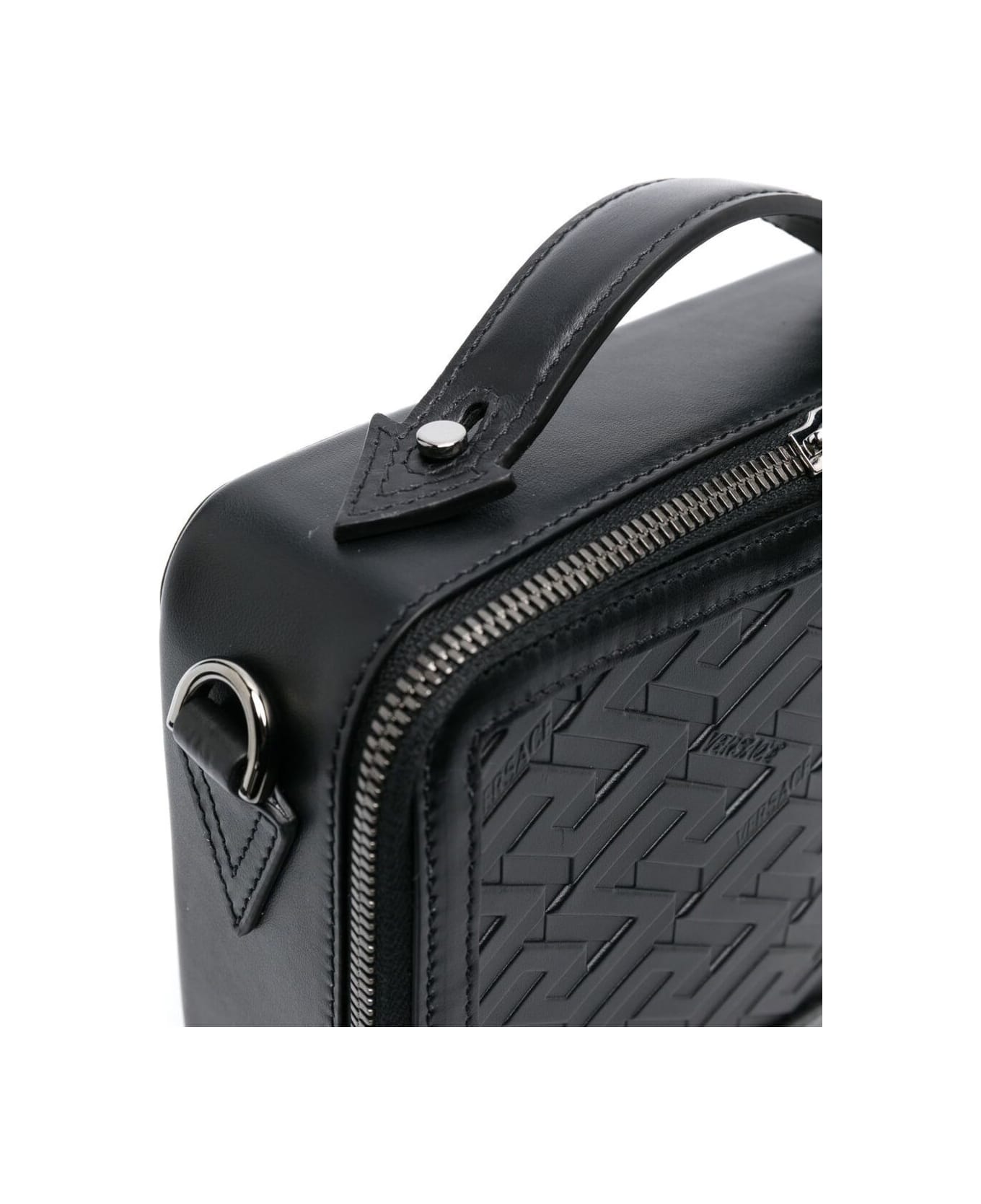 Versace Messenger Bag With All-over Greca Print In Black Calf Leather Man - Black