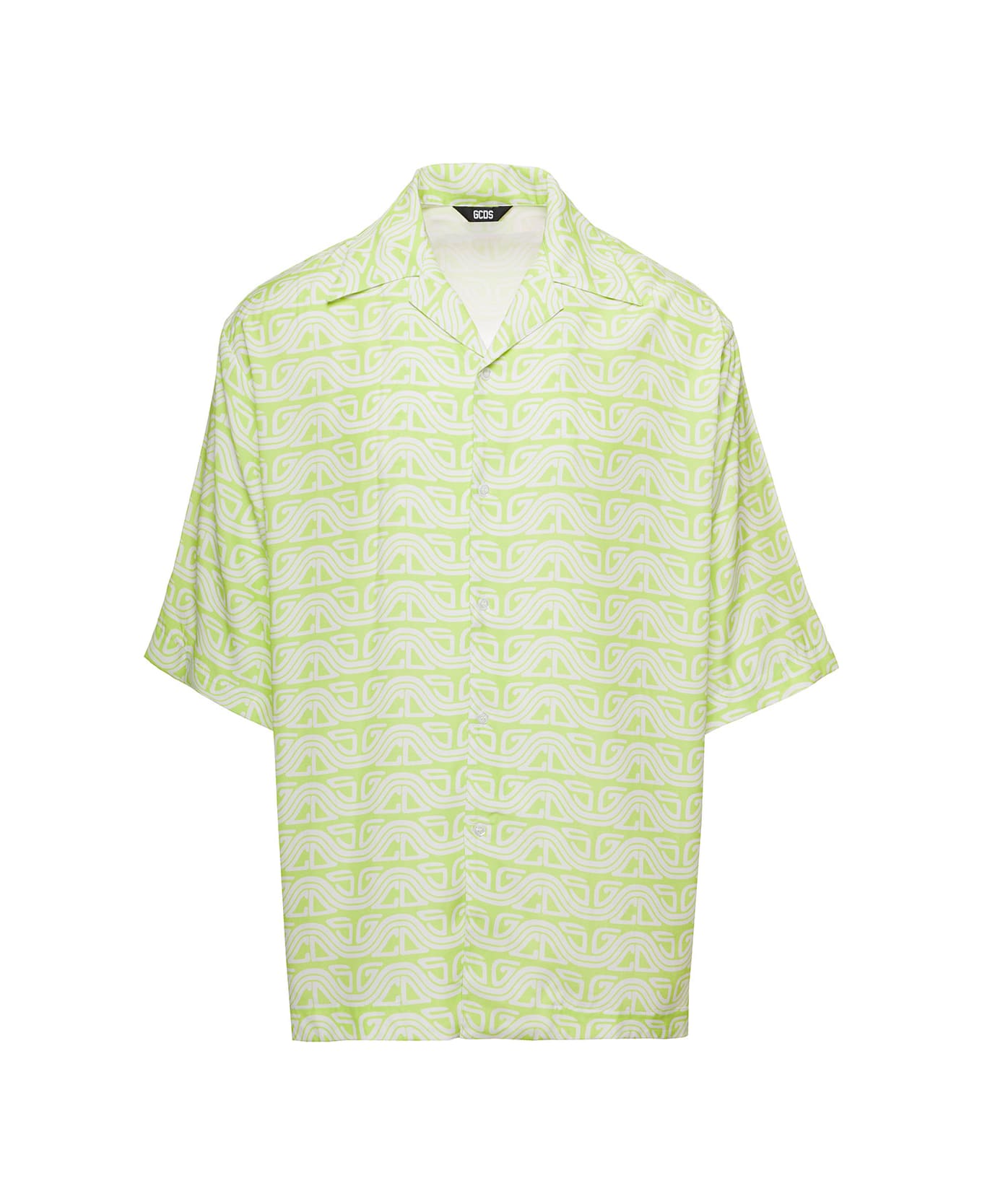 GCDS Green Shirt With All-over 'gcds Surf' Logo Print In Viscose Man - Green